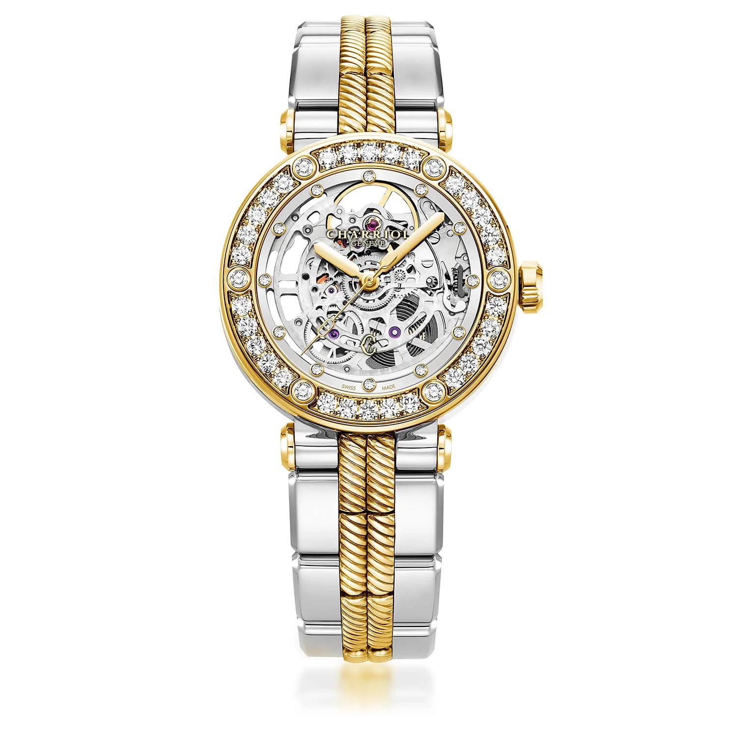 NAVIGATOR CRUISE, 36MM, CHARRIOL SKELETON AUTOMATIC CALIBRE, CRYSTAL WITH 12 DIAMONDS INDEX INNER RING DIAL, STEEL YELLOW GOLD PVD WITH 30 FULLCUTS DIAMONDS & 6 DIAMONDS BEZEL, METAL BICOLOR INTERCHANGEABLE BRACELET - © 2024 Charriol - Watch
