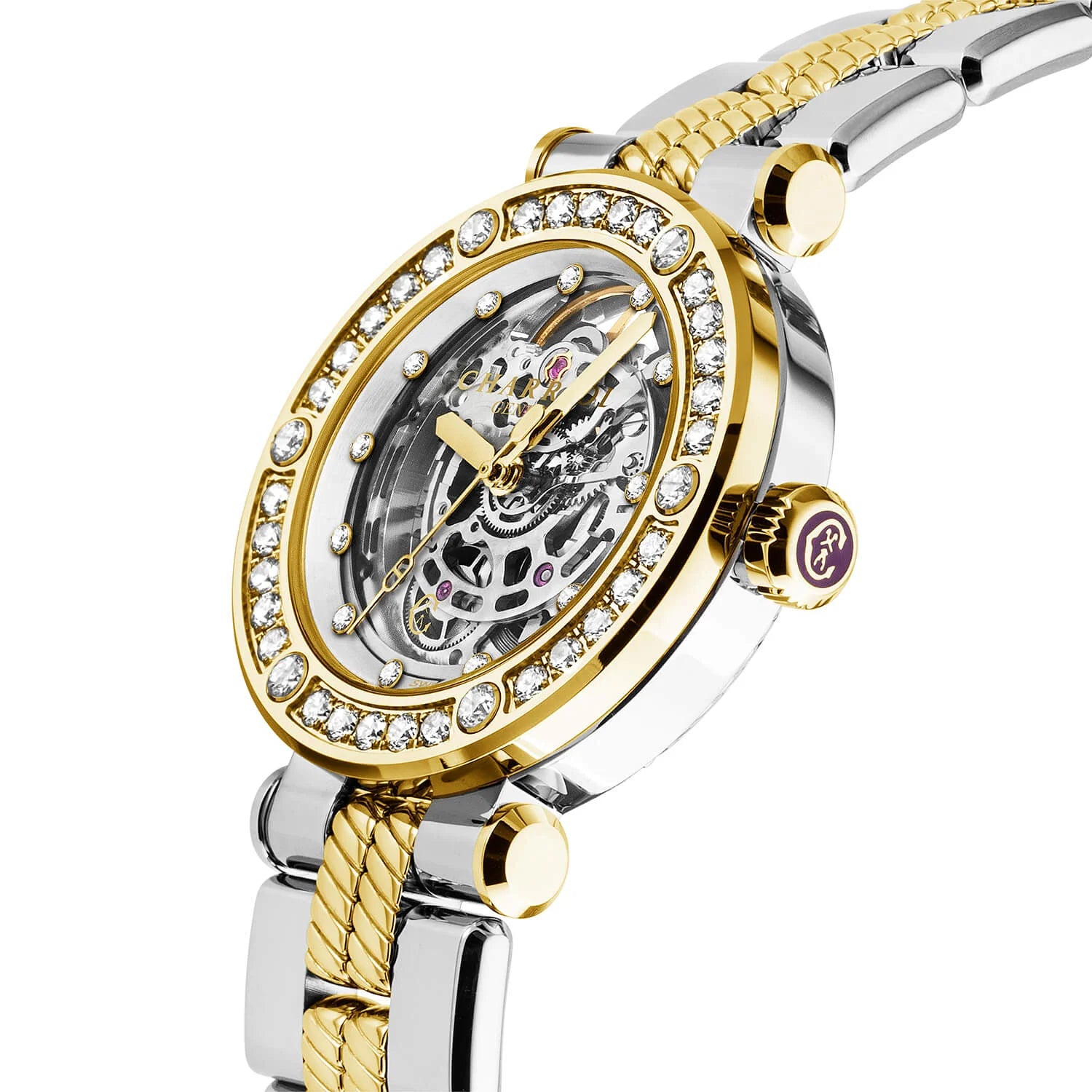 NAVIGATOR CRUISE, 36MM, CHARRIOL SKELETON AUTOMATIC CALIBRE, CRYSTAL WITH 12 DIAMONDS INDEX INNER RING DIAL, STEEL YELLOW GOLD PVD WITH 30 FULLCUTS DIAMONDS & 6 DIAMONDS BEZEL, METAL BICOLOR INTERCHANGEABLE BRACELET - © 2024 Charriol - Watch