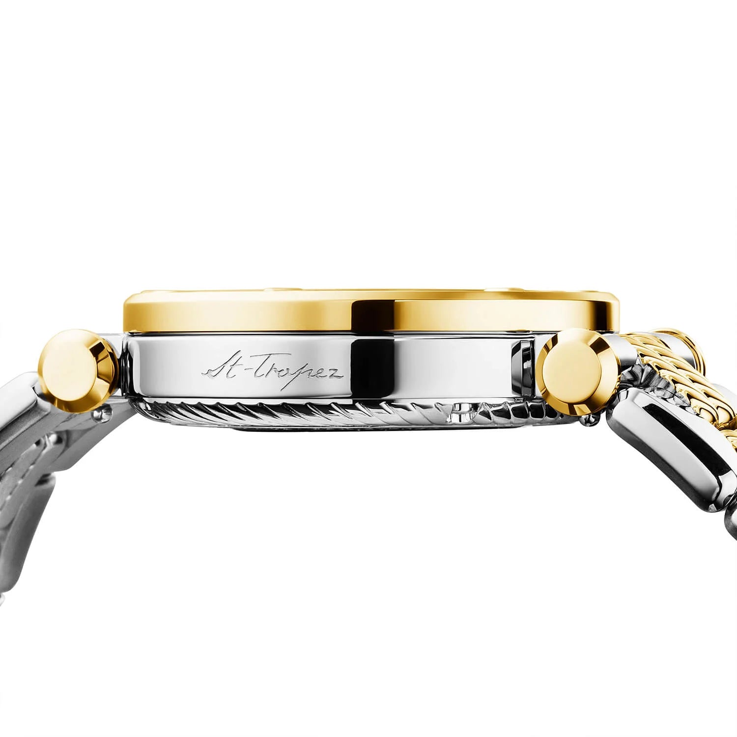 NAVIGATOR CRUISE, 36MM, CHARRIOL SKELETON AUTOMATIC CALIBRE, CRYSTAL WITH 12 DIAMONDS INDEX INNER RING DIAL, STEEL YELLOW GOLD PVD WITH 30 FULLCUTS DIAMONDS & 6 DIAMONDS BEZEL, METAL BICOLOR INTERCHANGEABLE BRACELET - © 2024 Charriol - Watch