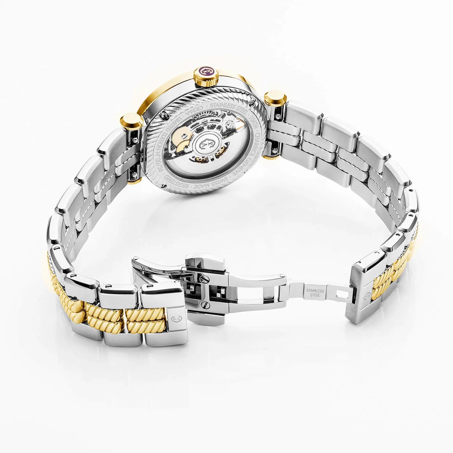 NAVIGATOR CRUISE, 36MM, CHARRIOL SKELETON AUTOMATIC CALIBRE, CRYSTAL WITH 12 DIAMONDS INDEX INNER RING DIAL, STEEL YELLOW GOLD PVD WITH 30 FULLCUTS DIAMONDS & 6 DIAMONDS BEZEL, METAL BICOLOR INTERCHANGEABLE BRACELET - © 2024 Charriol - Watch