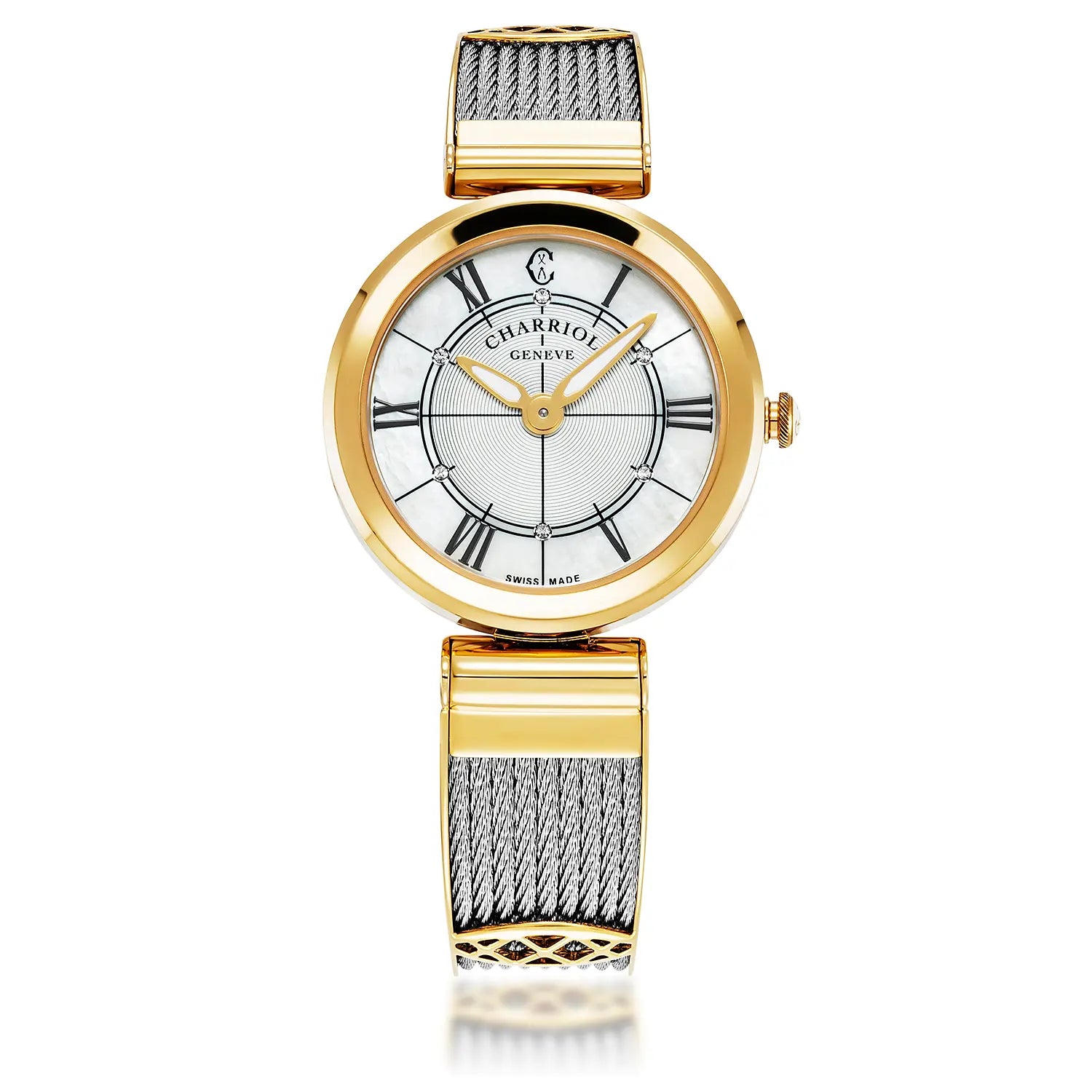 FOREVER, 32MM, QAURTZ CALIBRE, MOTHER-OF-PEARL DIAL, YELLOW GOLD PVD BEZEL, STEEL CABLE BRACELET