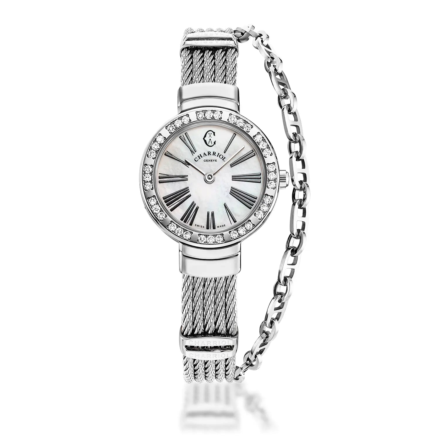 ST TROPEZ, 25MM, QUARTZ CALIBRE, WHITE MOTHER-OF-PEARL WITH ROMAN NUMERALS DIAL, STEEL WITH 36 DIAMONDS BEZEL, STEEL CABLE BRACELET - Charriol Geneve -  Watch