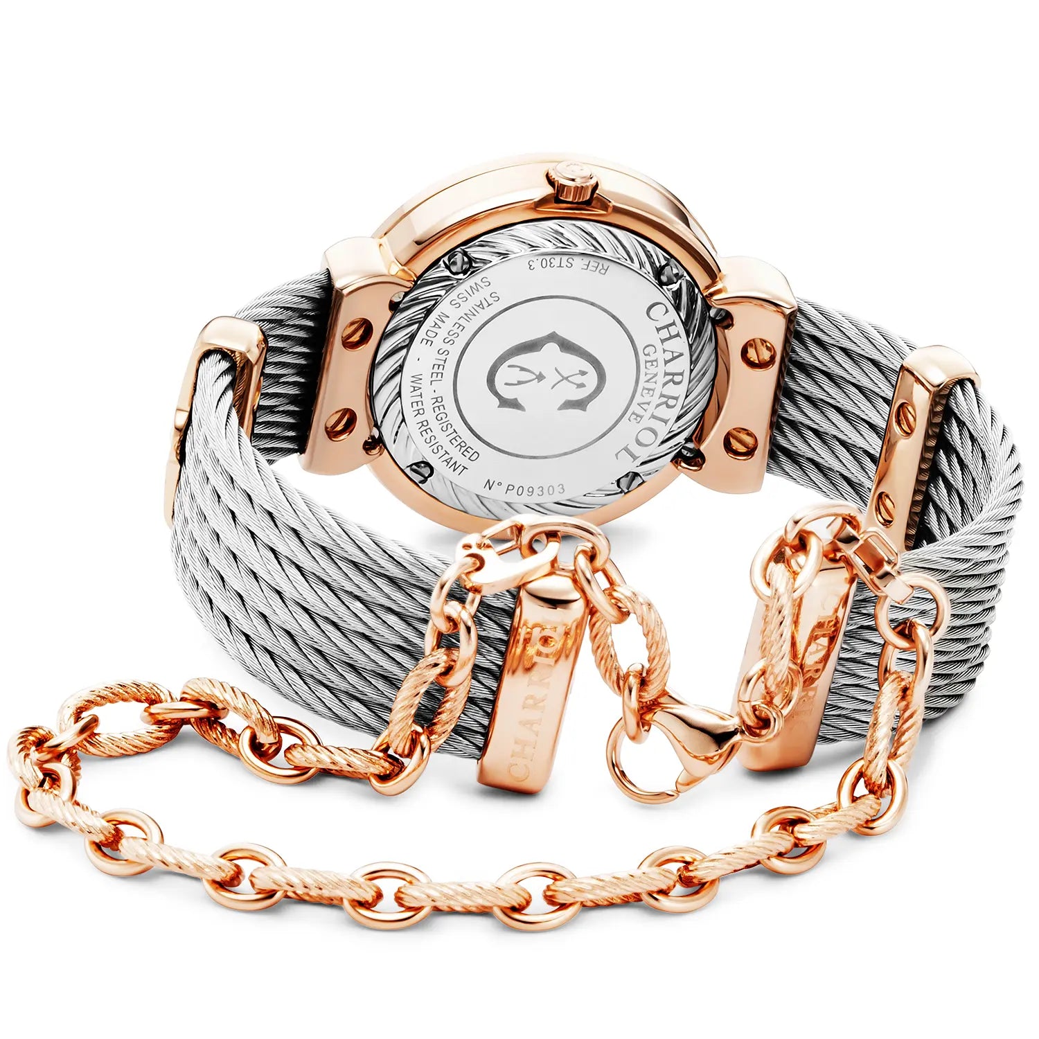 ST TROPEZ ICON, 30MM, QUARTZ CALIBRE, MOTHER-OF-PEARL HIBISCUS DIAL, MOTHER-OF-PEARL WITH 8 DIAMONDS BEZEL, STEEL CABLE BRACELET - Charriol Geneve -  Watch