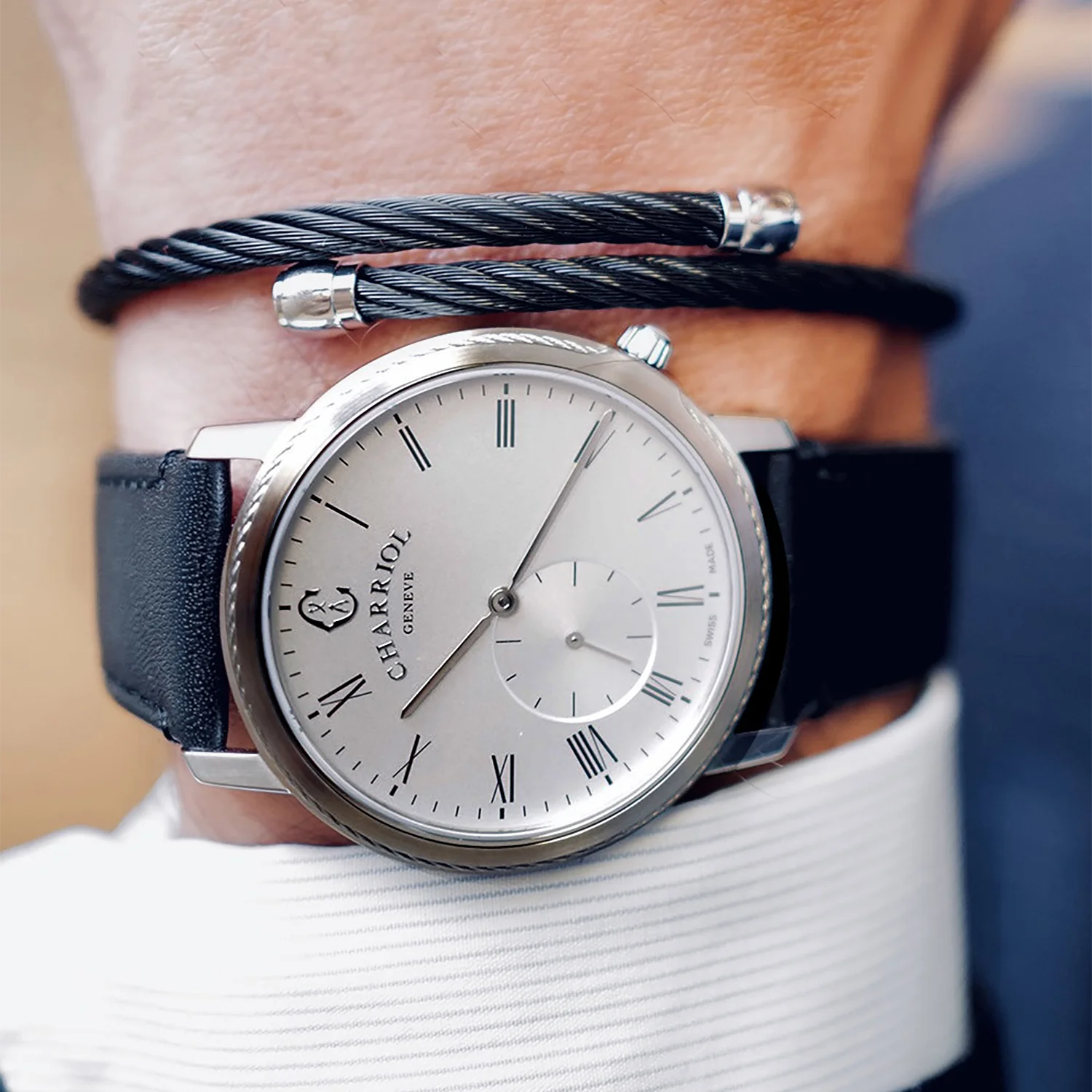 CELTIC® LEGACY, 40MM, QUARTZ CALIBRE, STEEL BEZEL, WHITE WITH ROMAN NUMERALS DIAL, BLACK GENUINE LEATHER BRACELET - BLACK FRIDAY - ©2024 Philippe Charriol International Ltd. - Watch