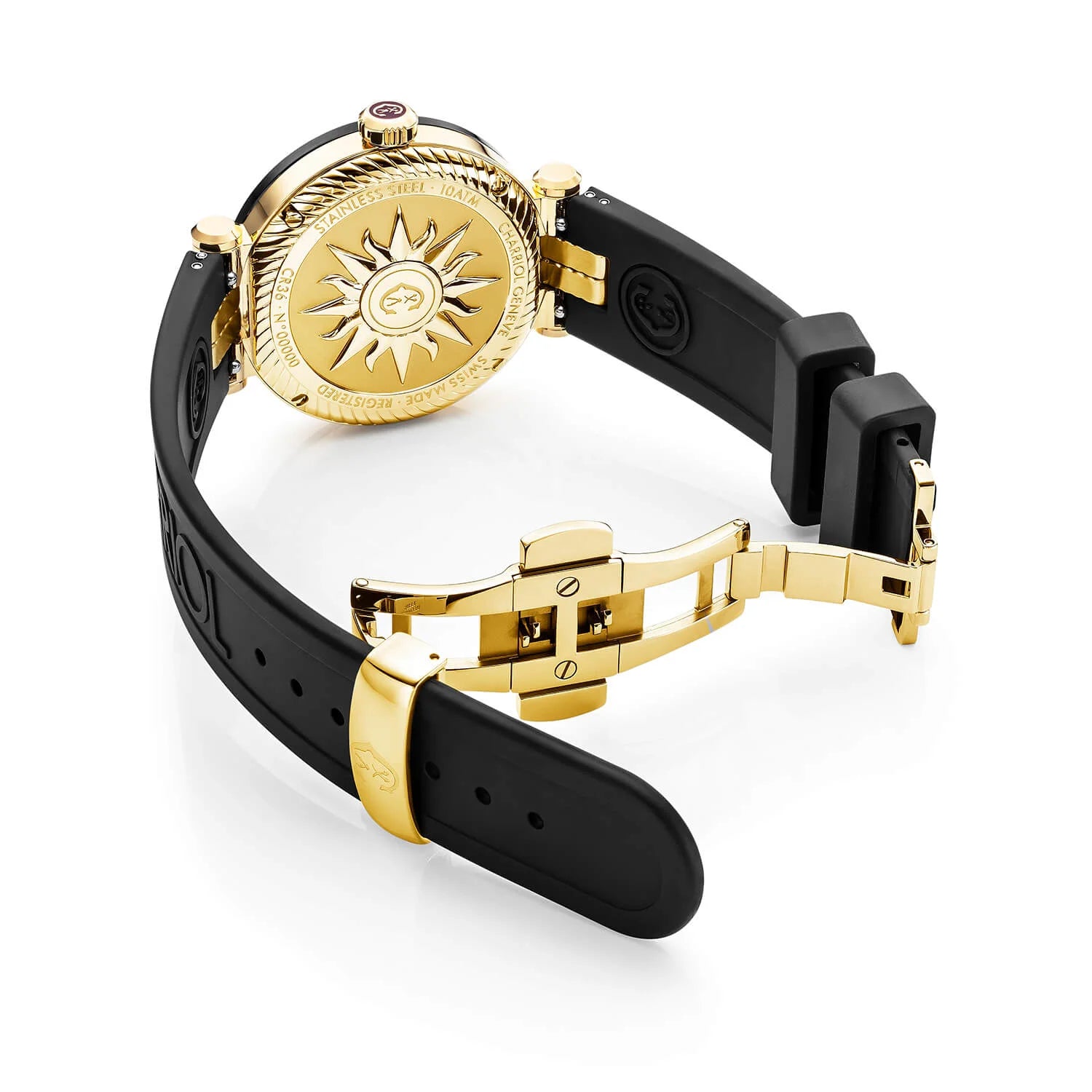 NAVIGATOR CRUISE, 36MM, QUARTZ CALIBRE, BLACK WITH YELLOW ARABIC AND 10 INDEX DIAL, STEEL BLACK PVD WITH 2 YELLOW GOLD PVD SCREWS, BLACK RUBBER INTERCHANGEABLE BRACELET WITH YELLOW GOLD PVD ATTACHED - © 2024 Charriol - Watch