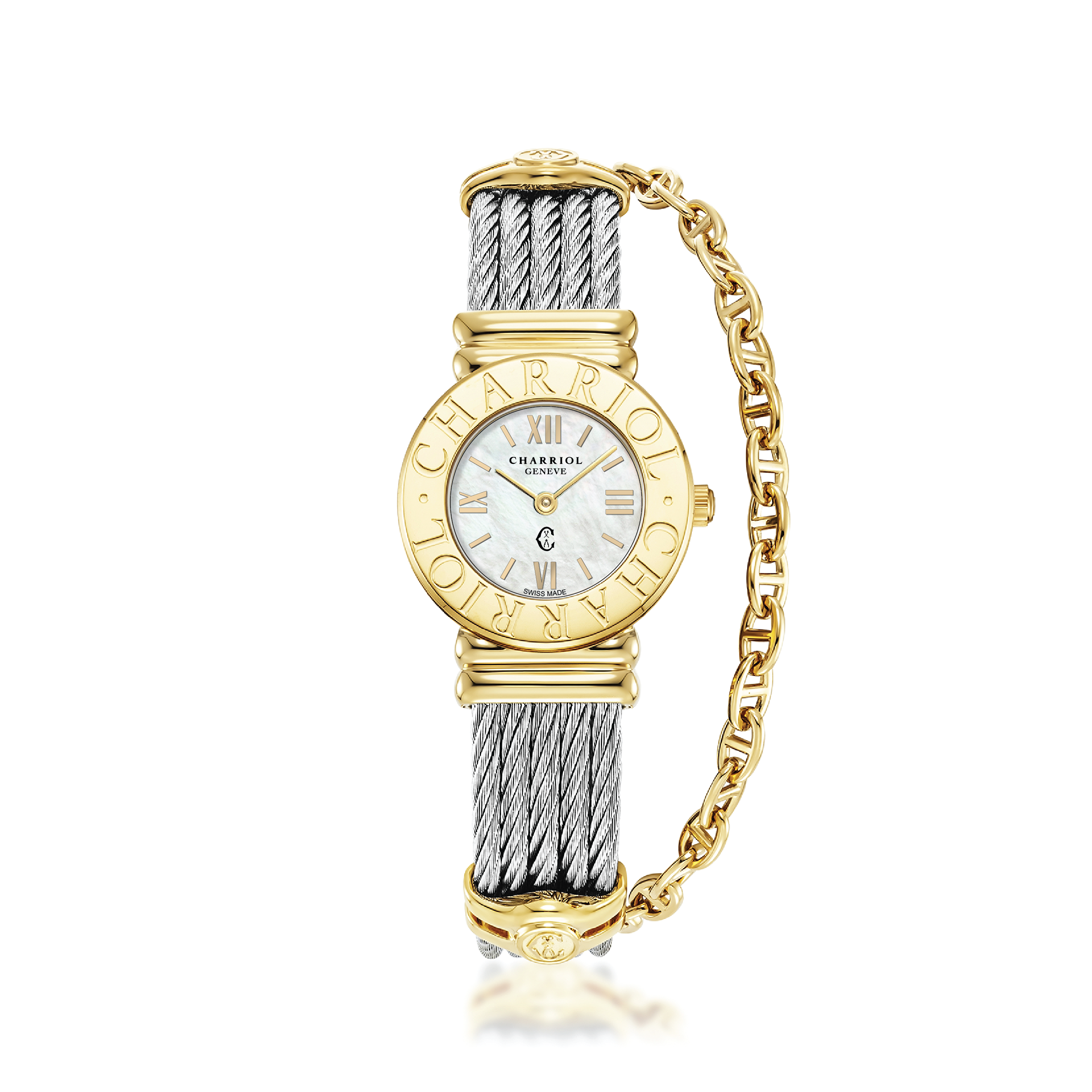 ST-TROPEZ, Steel yellow GP 2N 24,5mm case, Charriol Charriol bezel; white Mother of pearl dial with 4 Roman figures and 8 index; Swiss Ronda Quartz 2 hands movement; Steel Cable with yellow gold plated marine chain, clips and security clasp. - ©2026 Philippe Charriol International Ltd. - Watch