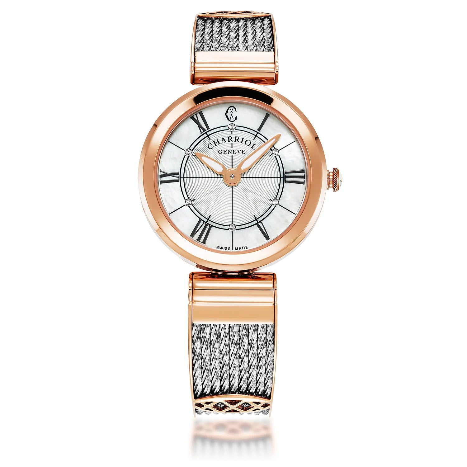 FOREVER, 32MM, QUARTZ CALIBRE, MOTHER-OF-PEARL DIAL, ROSE GOLD PVD BEZEL, STEEL CABLE BRACELET - Charriol Geneve - Watch
