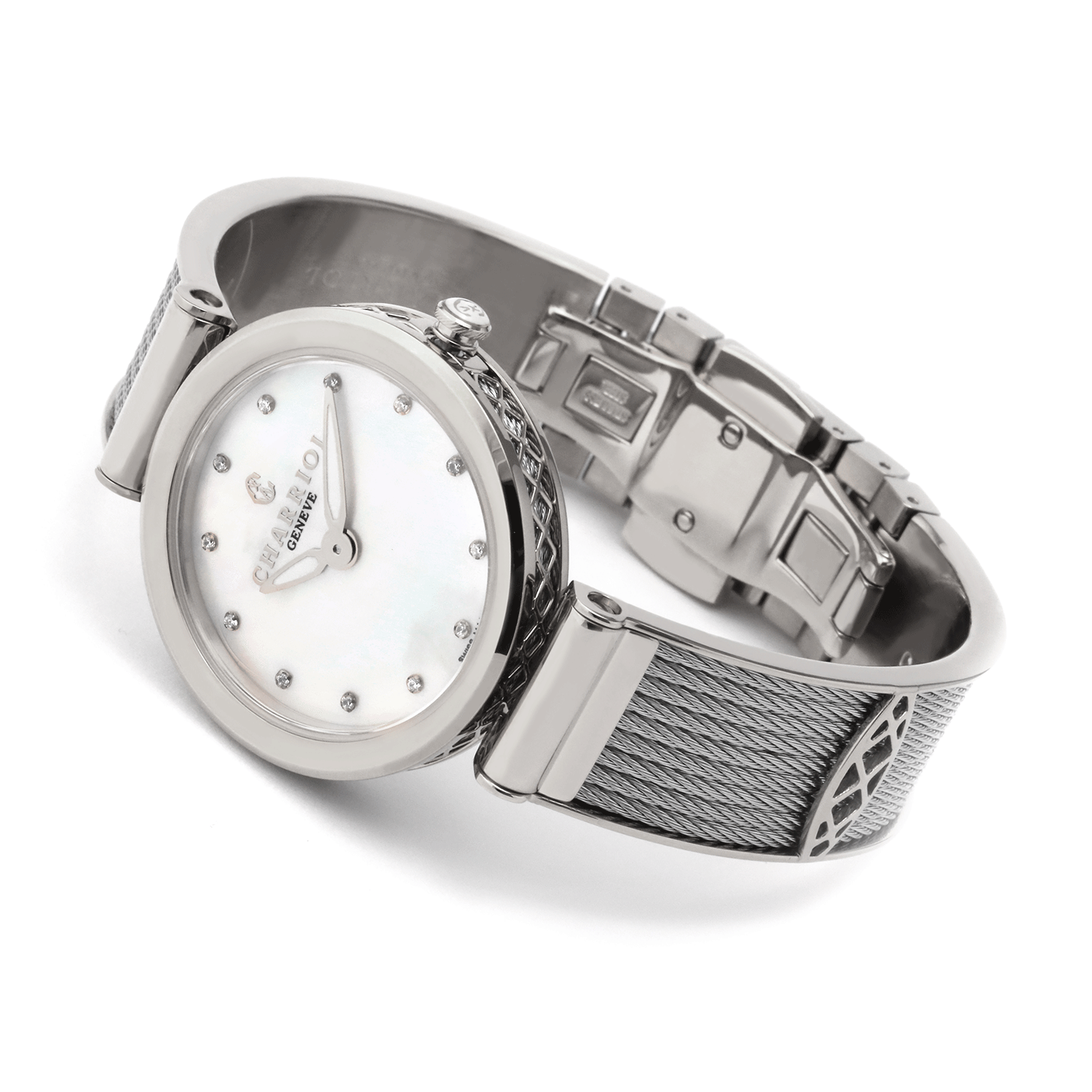 FOREVER, 32MM, QUARTZ CALIBRE, WHITE MOTHER-OF-PEARL WITH 12 SIMILIS DIAL, STEEL BEZEL, STEEL CABLE BRACELET - © 2024 Charriol - Watch