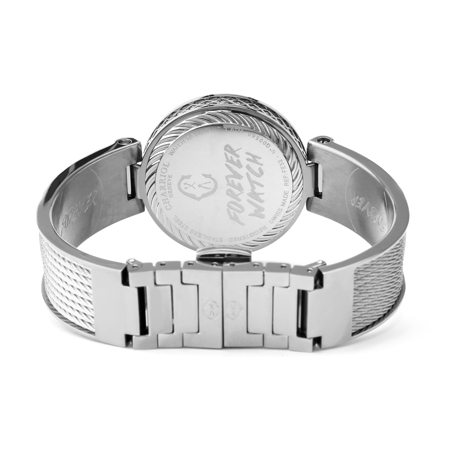 FOREVER, 32MM, QUARTZ CALIBRE, WHITE MOTHER-OF-PEARL WITH 12 SIMILIS DIAL, STEEL BEZEL, STEEL CABLE BRACELET - © 2024 Charriol - Watch