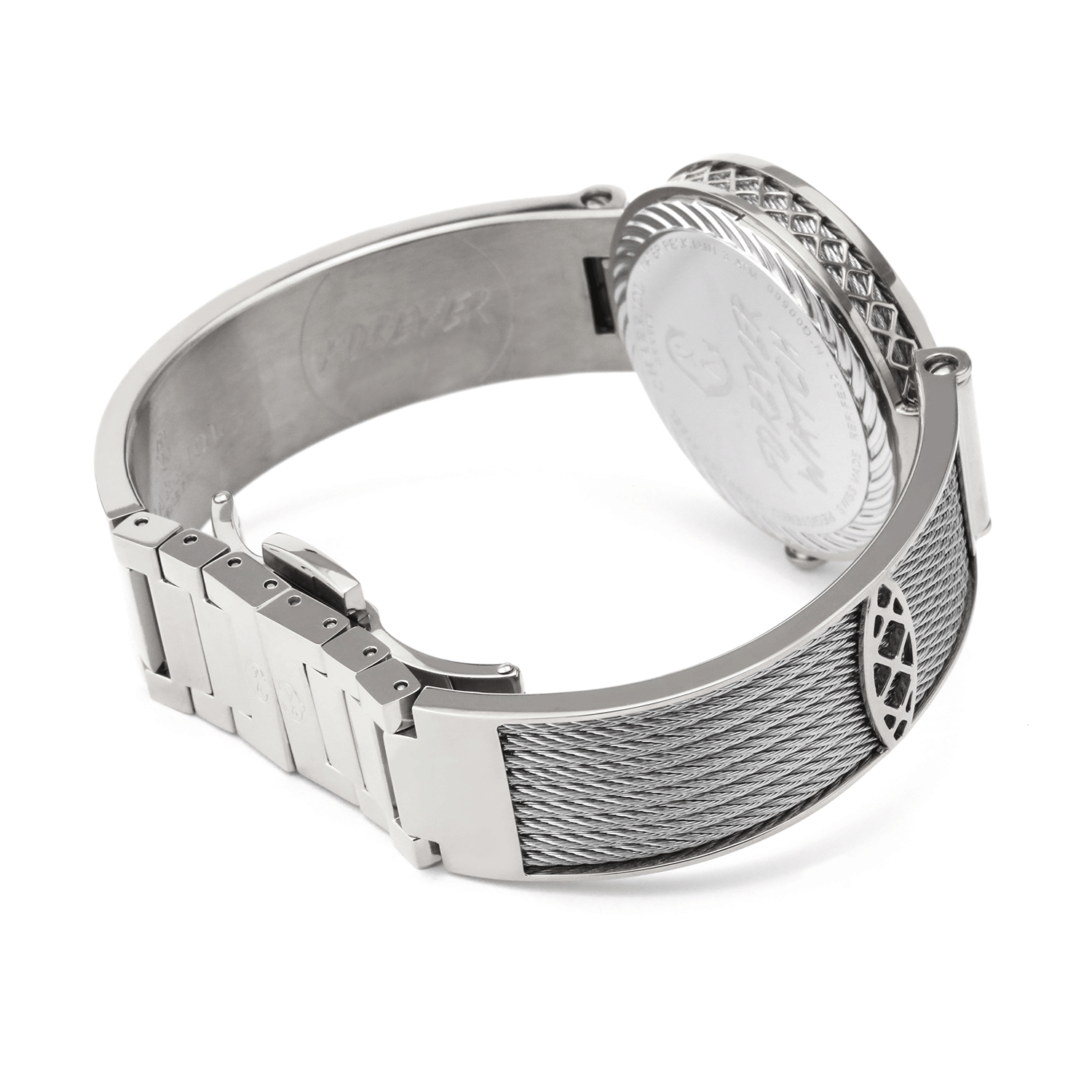 FOREVER, 32MM, QUARTZ CALIBRE, WHITE MOTHER-OF-PEARL WITH 12 SIMILIS DIAL, STEEL BEZEL, STEEL CABLE BRACELET - © 2024 Charriol - Watch