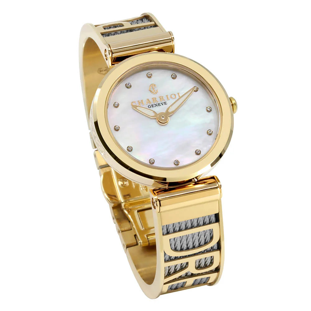 FOREVER YOURS, 32MM, QUARTZ CALIBRE, MOTHER-OF-PEARL WITH 12 DIAMONDS DIAL, YELLOW GOLD PVD BEZEL, STEEL CABLE BRACELET - Charriol Geneve - Watch