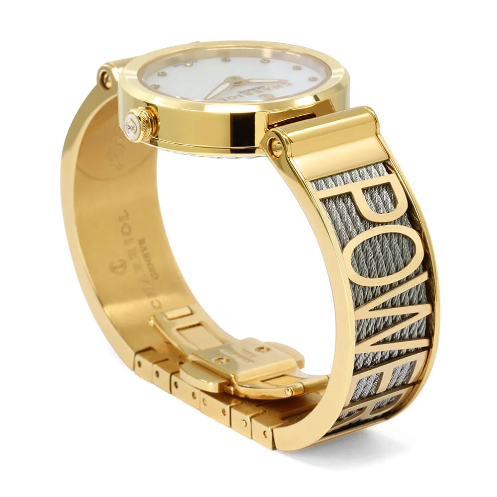 FOREVER YOURS, 32MM, QUARTZ CALIBRE, MOTHER-OF-PEARL WITH 12 DIAMONDS DIAL, YELLOW GOLD PVD BEZEL, STEEL CABLE BRACELET - Charriol Geneve - Watch