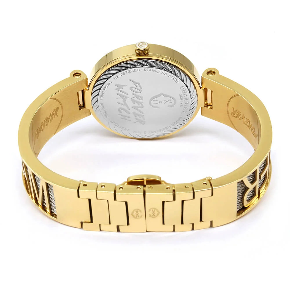 FOREVER YOURS, 32MM, QUARTZ CALIBRE, MOTHER-OF-PEARL WITH 12 DIAMONDS DIAL, YELLOW GOLD PVD BEZEL, STEEL CABLE BRACELET - Charriol Geneve - Watch