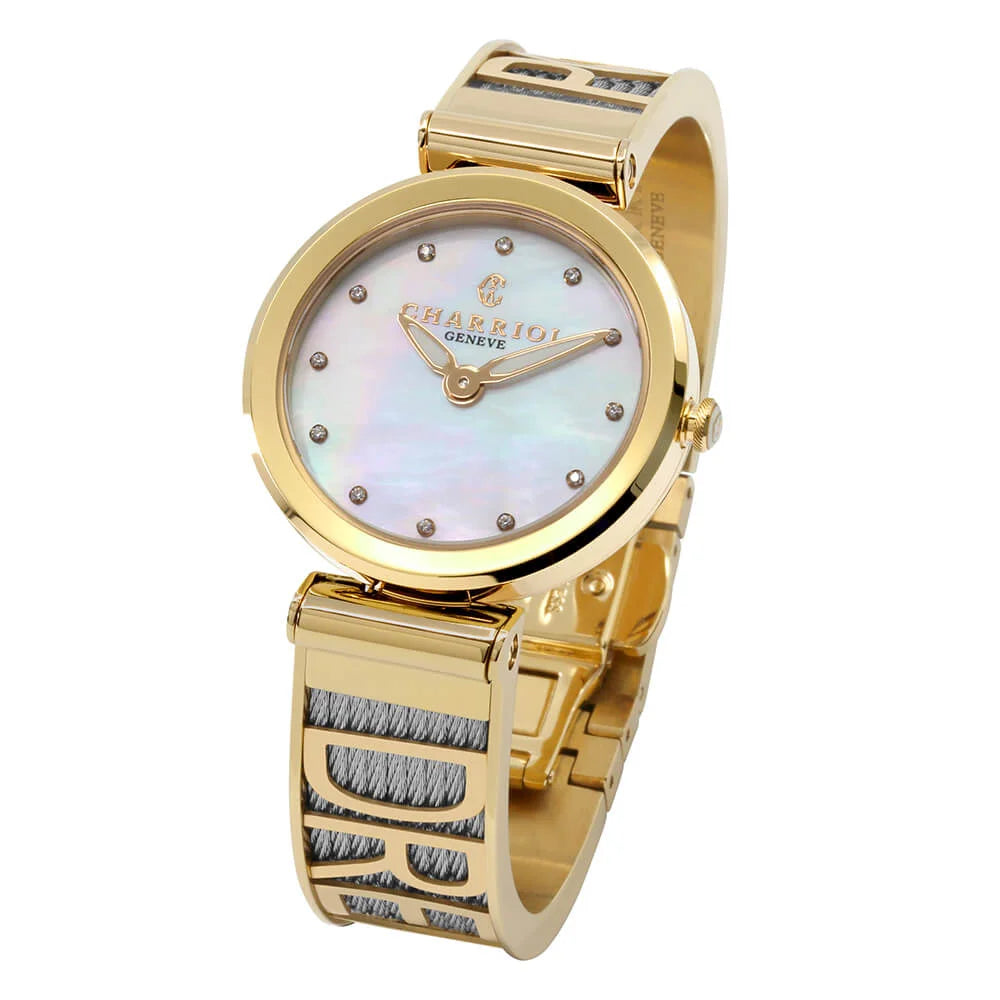 FOREVER YOURS, 32MM, QUARTZ CALIBRE, MOTHER-OF-PEARL WITH 12 DIAMONDS DIAL, YELLOW GOLD PVD BEZEL, STEEL CABLE BRACELET - Charriol Geneve - Watch