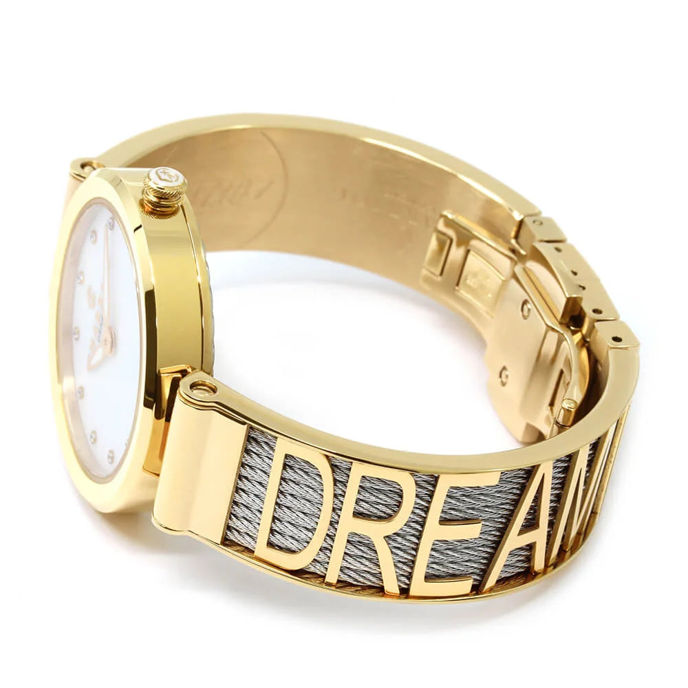 FOREVER YOURS, 32MM, QUARTZ CALIBRE, MOTHER-OF-PEARL WITH 12 DIAMONDS DIAL, YELLOW GOLD PVD BEZEL, STEEL CABLE BRACELET - Charriol Geneve - Watch