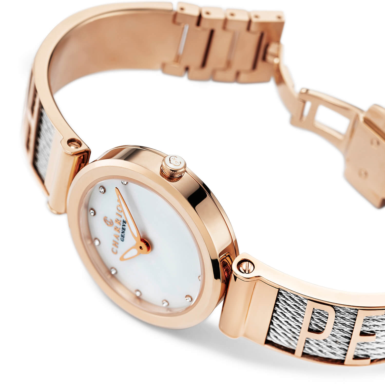 FOREVER YOURS, 32MM, QUARTZ CALIBRE, MOTHER-OF-PEARL WITH 12 DIAMONDS DIAL, ROSE GOLD PVD BEZEL, STEEL CABLE BRACELET - Charriol Geneve - Watch