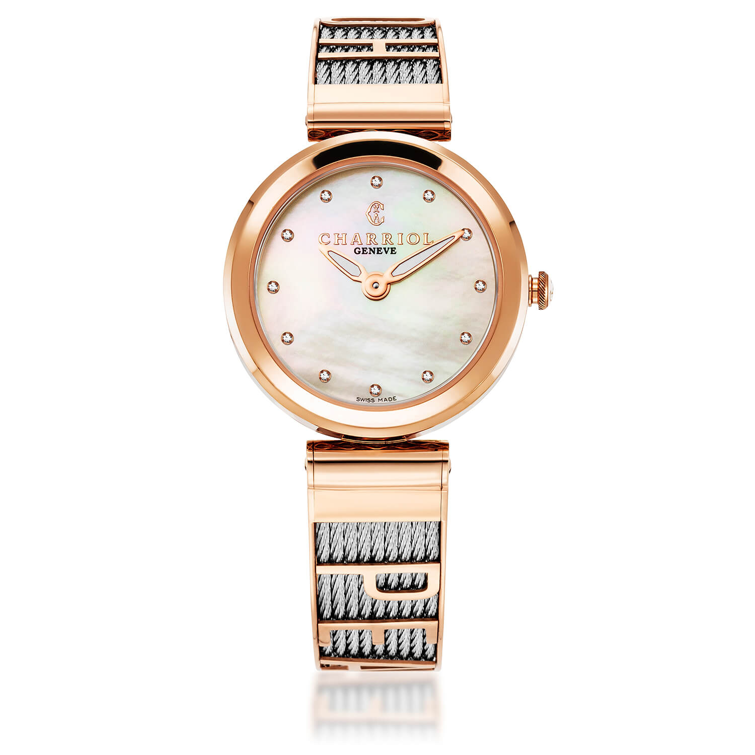 FOREVER YOURS, 32MM, QUARTZ CALIBRE, MOTHER-OF-PEARL WITH 12 DIAMONDS DIAL, ROSE GOLD PVD BEZEL, STEEL CABLE BRACELET - Charriol Geneve - Watch