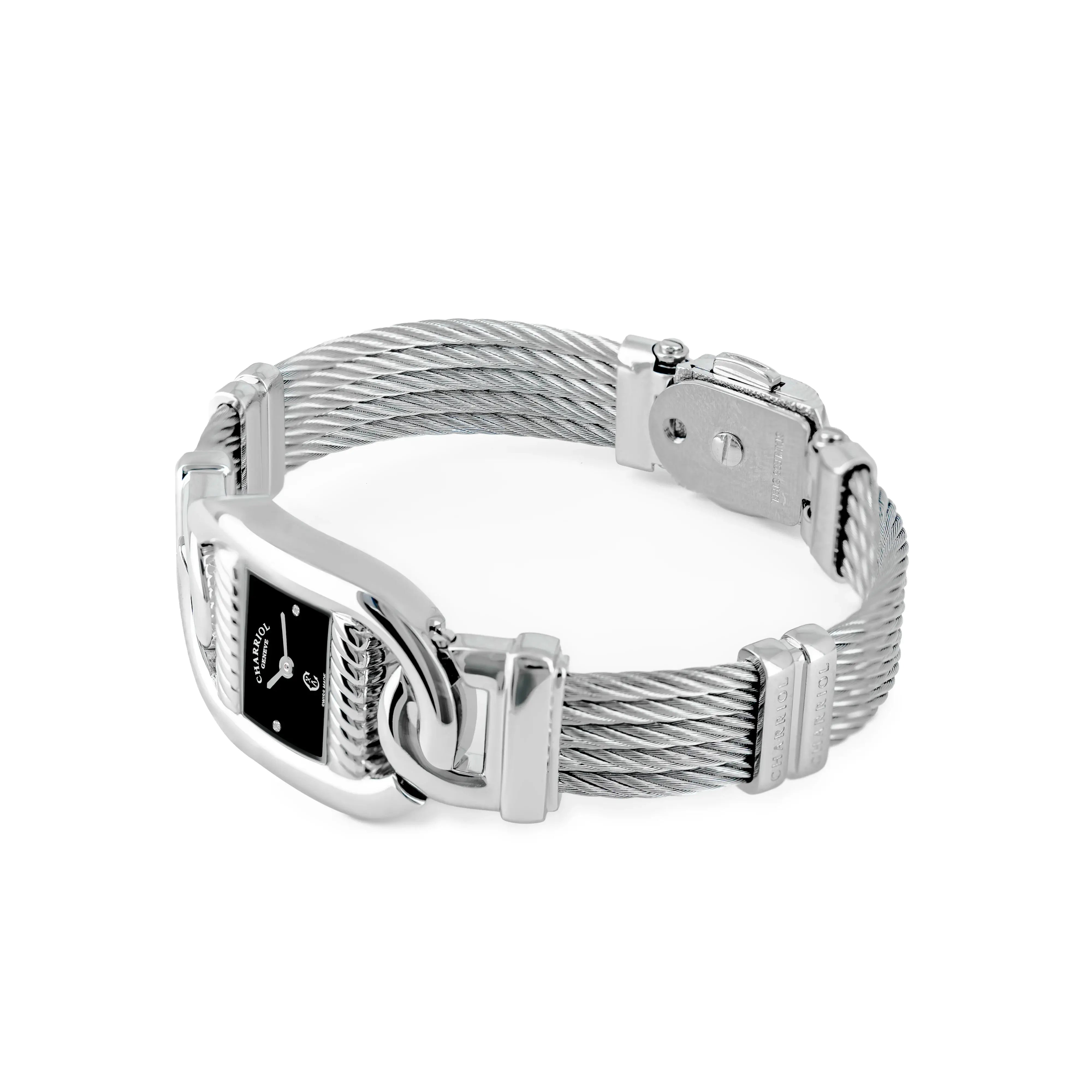 MARINER, 20MM, QUARTZ CALIBRE, STEEL CASE, BLACK MOTHER-OF-PEARL WITH 2 DIAMONDS DIAL, STEEL CABLE BRACELET - ©2025 Philippe Charriol International Ltd. - Watch