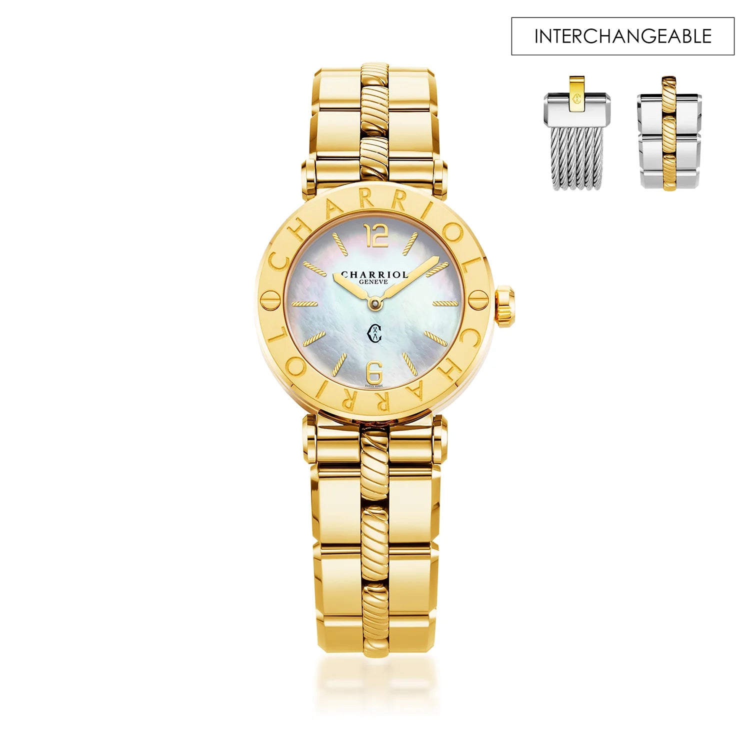St Tropez Cruise Watch White and Yellow GoldSt Tropez Cruise 28mm Watch Yellow Gold Bracelet, Yellow Gold & 2 Screws Bezel and White MOP Dial - Charriol Geneve - Watch