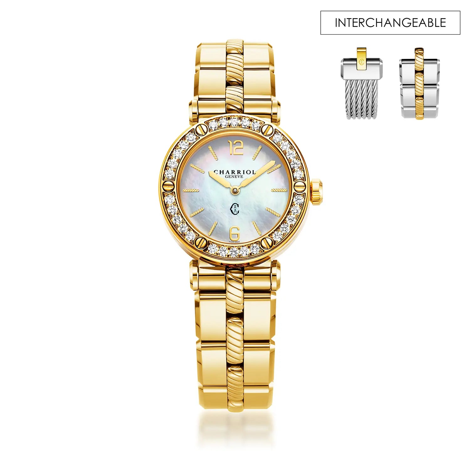NAVIGATOR CRUISE, 28MM, QUARTZ CALIBRE, MOTHER-OF-PEARL DIAL, 30 DIAMONDS BEZEL, STEEL YELLOW GOLD PVD INTERCHANGEABLE BRACELET - Charriol Geneve - Watch