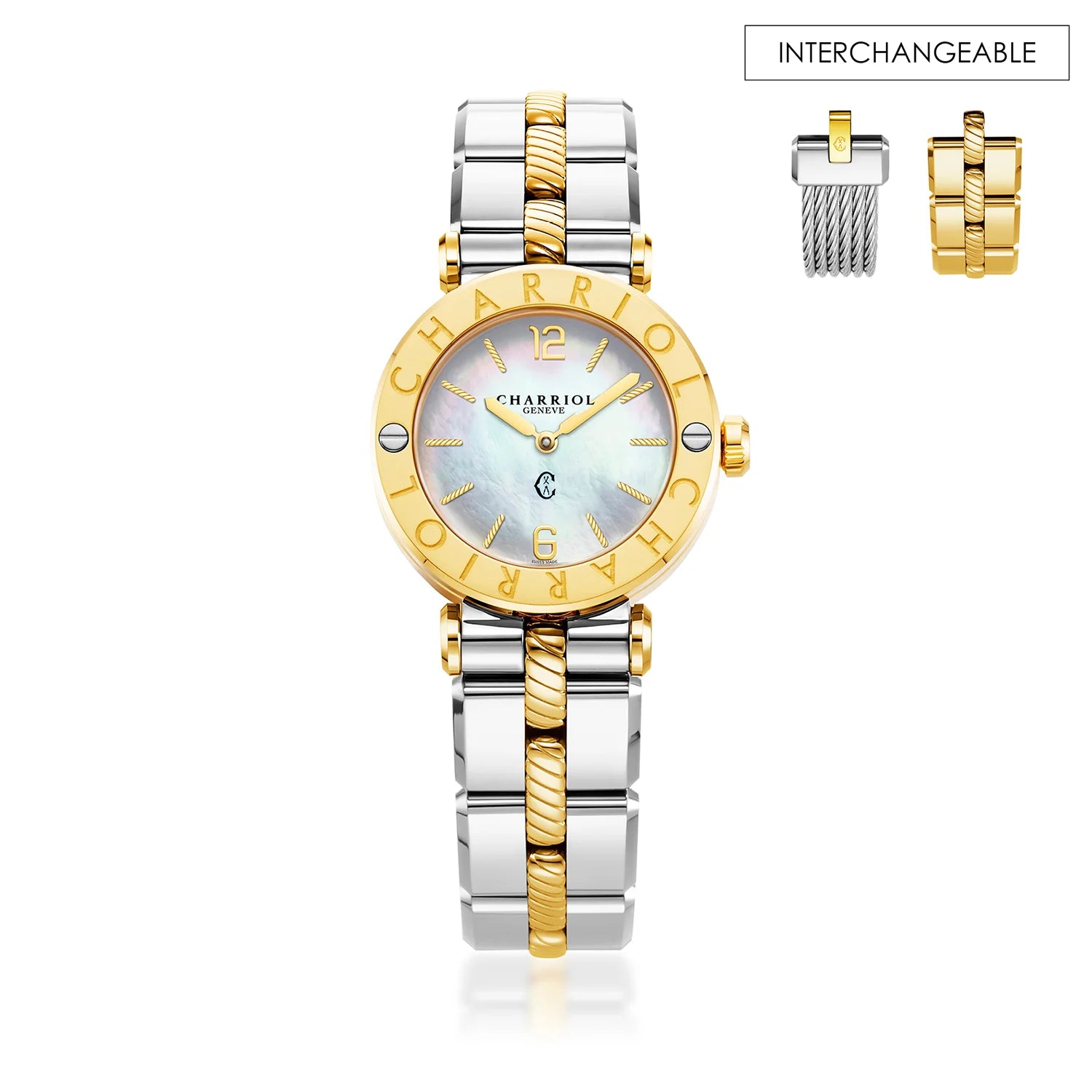 NAVIGATOR CRUISE, 28MM, QUARTZ CALIBRE, MOTHER-OF-PEARL DIAL, "CHARRIOL CHARRIOL" BEZEL, STEEL BICOLOR INTERCHANGEABLE BRACELET - Charriol Geneve - Watch
