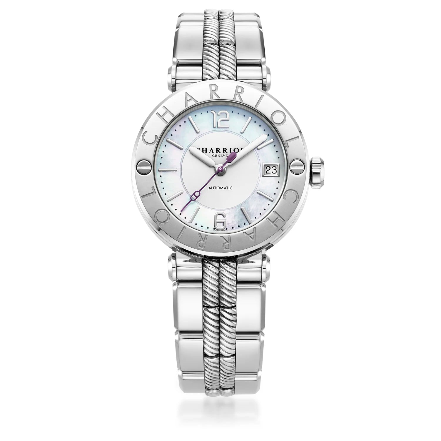 St Tropez Cruise 36mm Automatic Watch Light Grey Bracelet, Light Grey & 2 Screws Bezel and White MOP Dial - Charriol Geneve - Watch