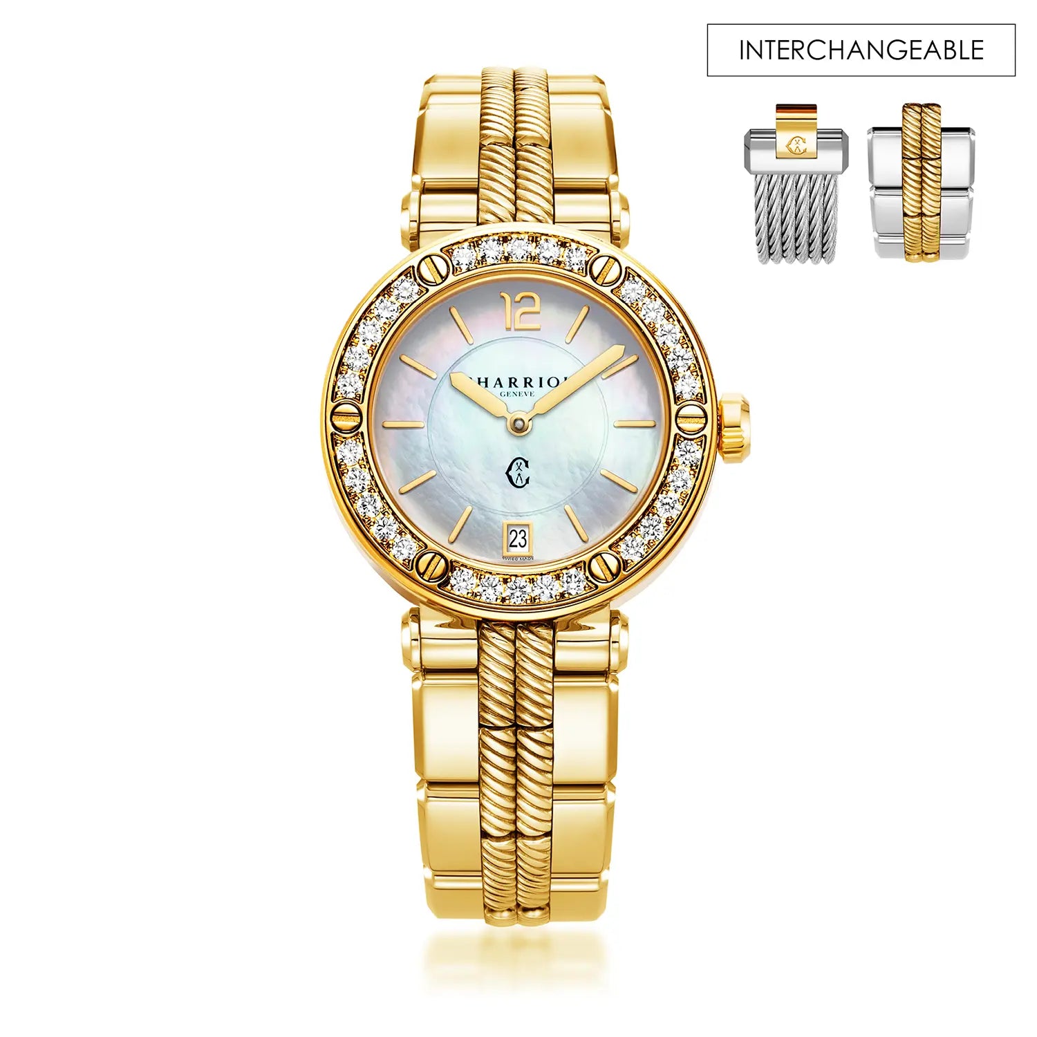 NAVIGATOR CRUISE, 36MM, QUARTZ CALIBRE, MOTHER-OF-PEARL DIAL, 30 DIAMONDS BEZEL, STEEL YELLOW GOLD PVD INTERCHANGEABLE BRACELET - Charriol Geneve - Watch