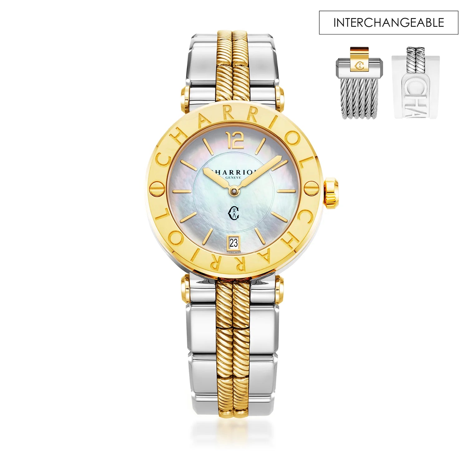 St Tropez Cruise 36mm Watch Light Grey & Yellow Gold Bracelet, Yellow Gold & 2 Screws Bezel and White MOP Dial - Charriol Geneve - Watch