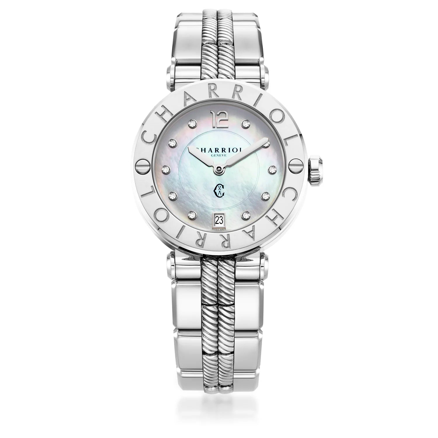 NAVIGATOR CRUISE, 36MM, QUARTZ CALIBRE, MOTHER-OF-PEARL WITH 10 DIAMONDS DIAL, "CHARRIOL CHARRIOL" BEZEL, STEEL INTERNCHANGEABLE BRACELET - Charriol Geneve - Watch