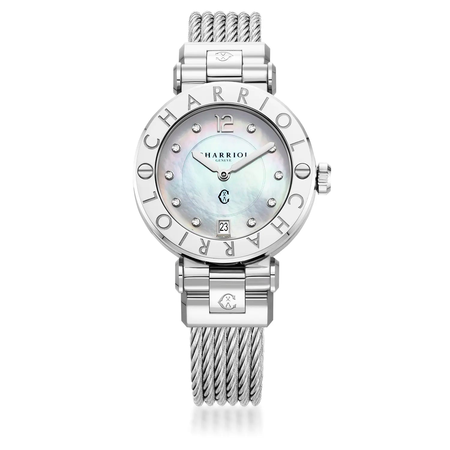 NAVIGATOR CRUISE, 36MM, QUARTZ CALIBRE, MOTHER-OF-PEARL WITH 10 DIAMONDS DIAL, "CHARRIOL CHARRIOL" BEZEL, STEEL CABLE INTERCHEANGEABLE STRAP - Charriol Geneve - Watch