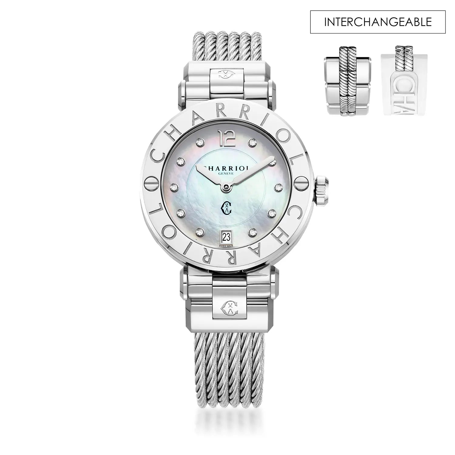 NAVIGATOR CRUISE, 36MM, QUARTZ CALIBRE, MOTHER-OF-PEARL WITH 10 DIAMONDS DIAL, "CHARRIOL CHARRIOL" BEZEL, STEEL CABLE INTERCHEANGEABLE STRAP - Charriol Geneve - Watch