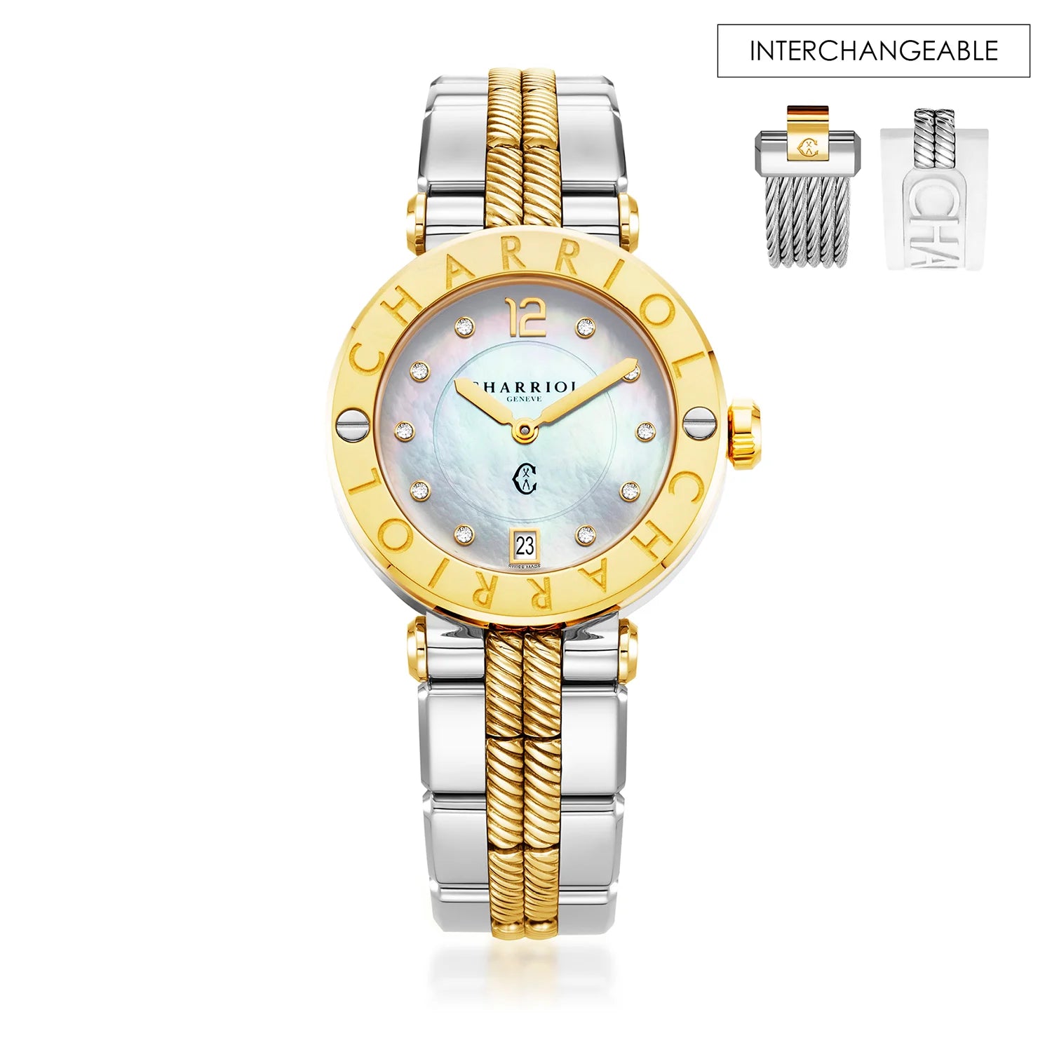 NAVIGATOR CRUISE, 36MM, QUARTZ CALIBRE, MOTHER-OF-PEARL WITH 10 DIAMONDS DIAL, "CHARRIOL CHARRIOL" BEZEL, BICOLOR INTERCHANGEABLE BRACELET - Charriol Geneve - Watch