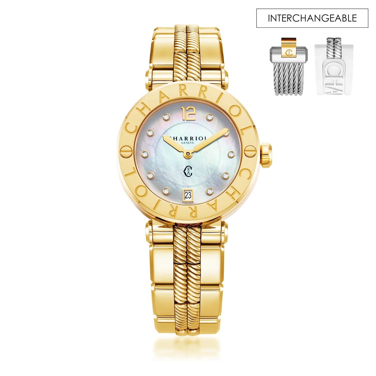 NAVIGATOR CRUISE, 36MM, QUARTZ CALIBRE, MOTHER-OF-PEARL WITH 10 DIAMONDS DIAL, "CHARRIOL CHARRIOL" BEZEL, STEEL YELLOW GOLD PVD INTERCHANGEABLE BRACELET - Charriol Geneve - Watch