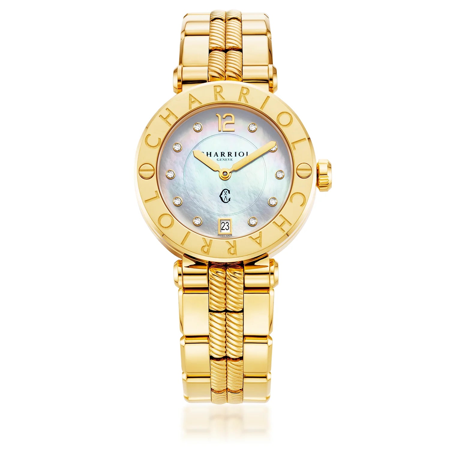 NAVIGATOR CRUISE, 36MM, QUARTZ CALIBRE, MOTHER-OF-PEARL WITH 10 DIAMONDS DIAL, "CHARRIOL CHARRIOL" BEZEL, STEEL YELLOW GOLD PVD INTERCHANGEABLE BRACELET - Charriol Geneve - Watch