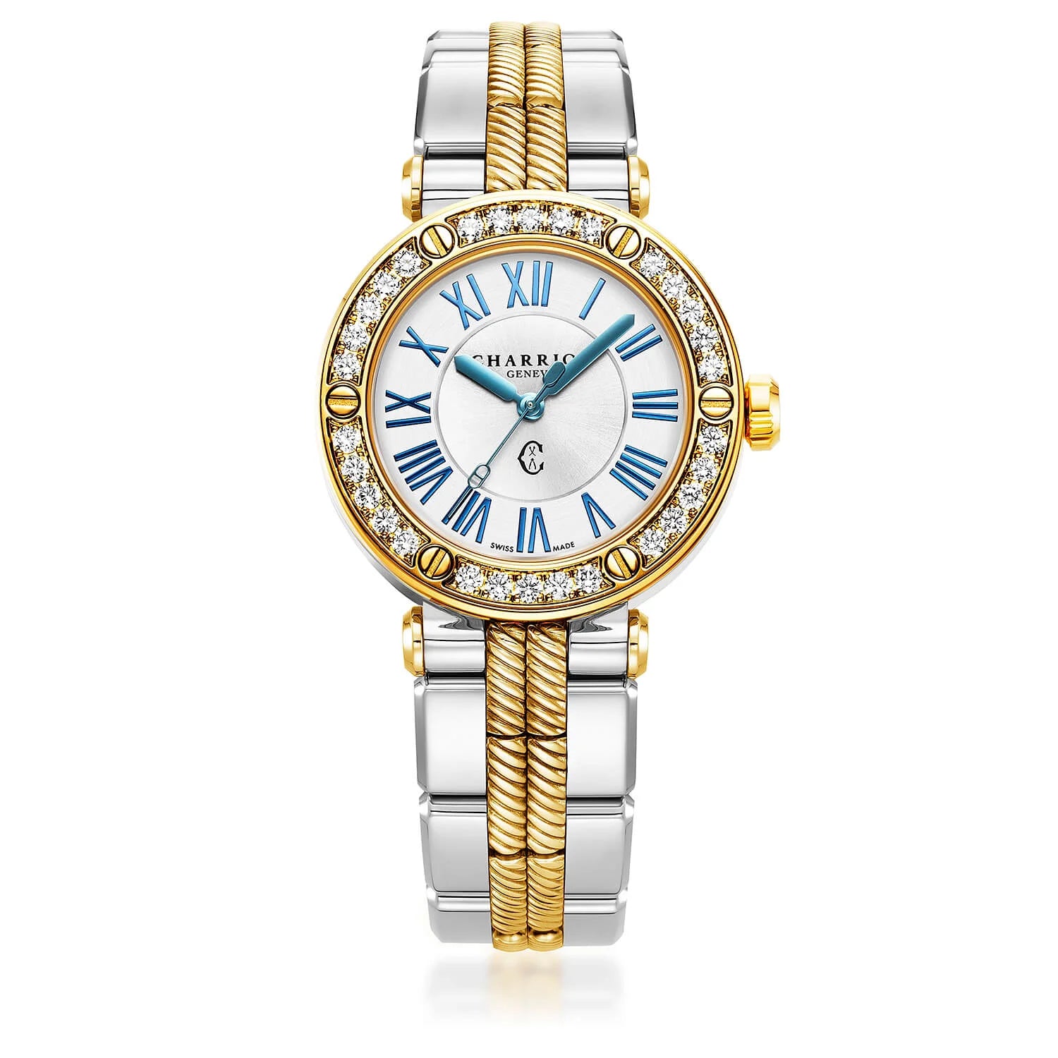 NAVIGATOR CRUISE, 36MM, QUARTZ CALIBRE, WHITE MOTHER-OF-PEARL WITH 12 ROMAN FIGURES DIAL, STEEL YELLOW GOLD PVD WITH 30 DIAMONDS & 6 SCREWS BEZEL, METAL BICOLOR INTERCHANGEABLE BRACELET - © 2024 Charriol - Watch