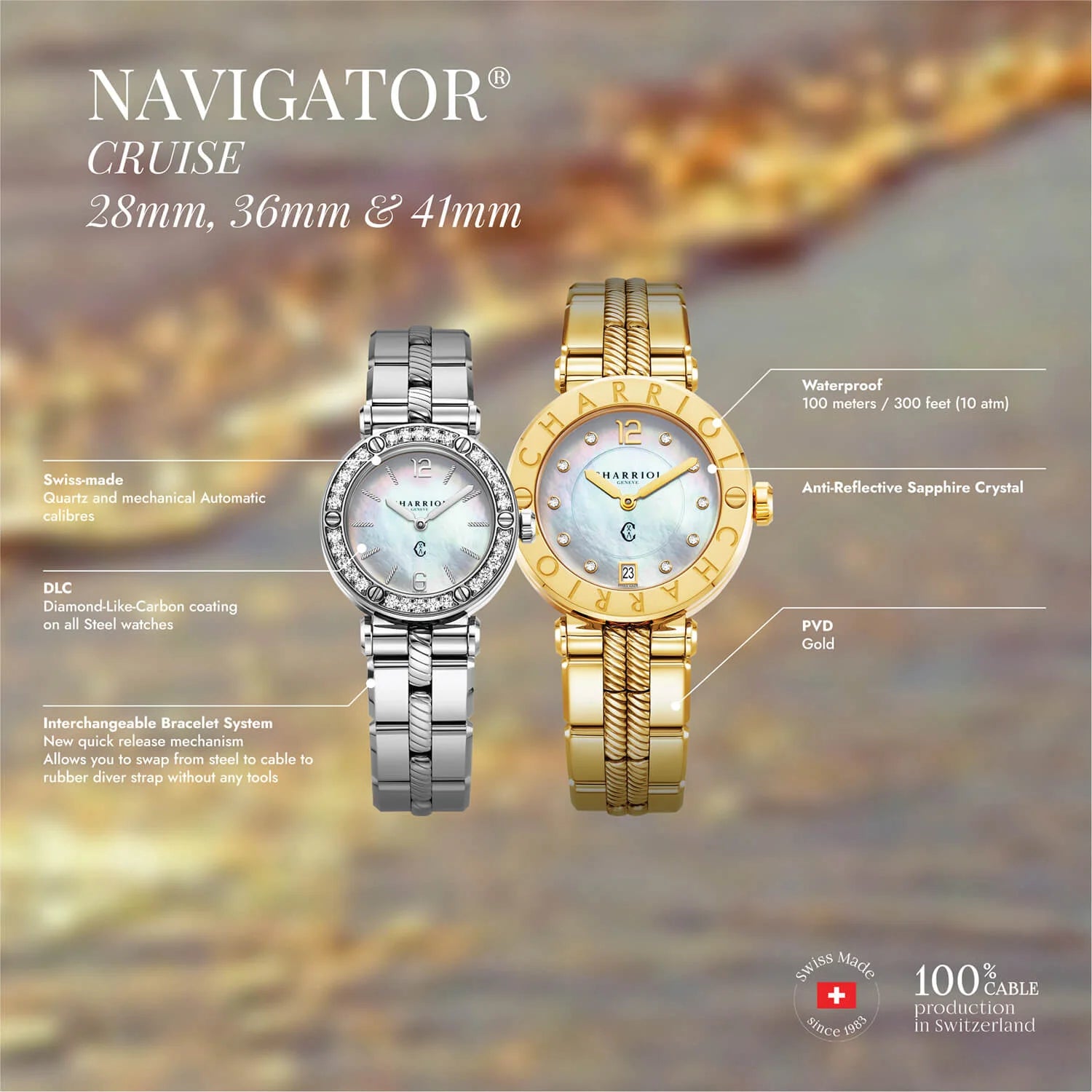 NAVIGATOR CRUISE, 28MM, MOTHER-OF-PEARL WITH 12 DIAMONDS DIAL, 30 DIAMONDS BEZEL, STEEL INTERCHANGEABLE BRACELET - Charriol Geneve - Watch