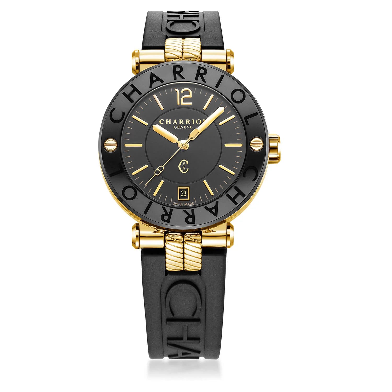 NAVIGATOR CRUISE, 41MM, QUARTZ CALIBRE, BLACK WITH YELLOW 2 ARABIC AND 9 INDEX DIAL, STEEL BLACK PVD "CHARRIOL CHARRIOL" WITH 2 SCREWS BEZEL, BLACK RUBBER INTERCHANGEABLE BRACELET - © 2024 Charriol - Watch