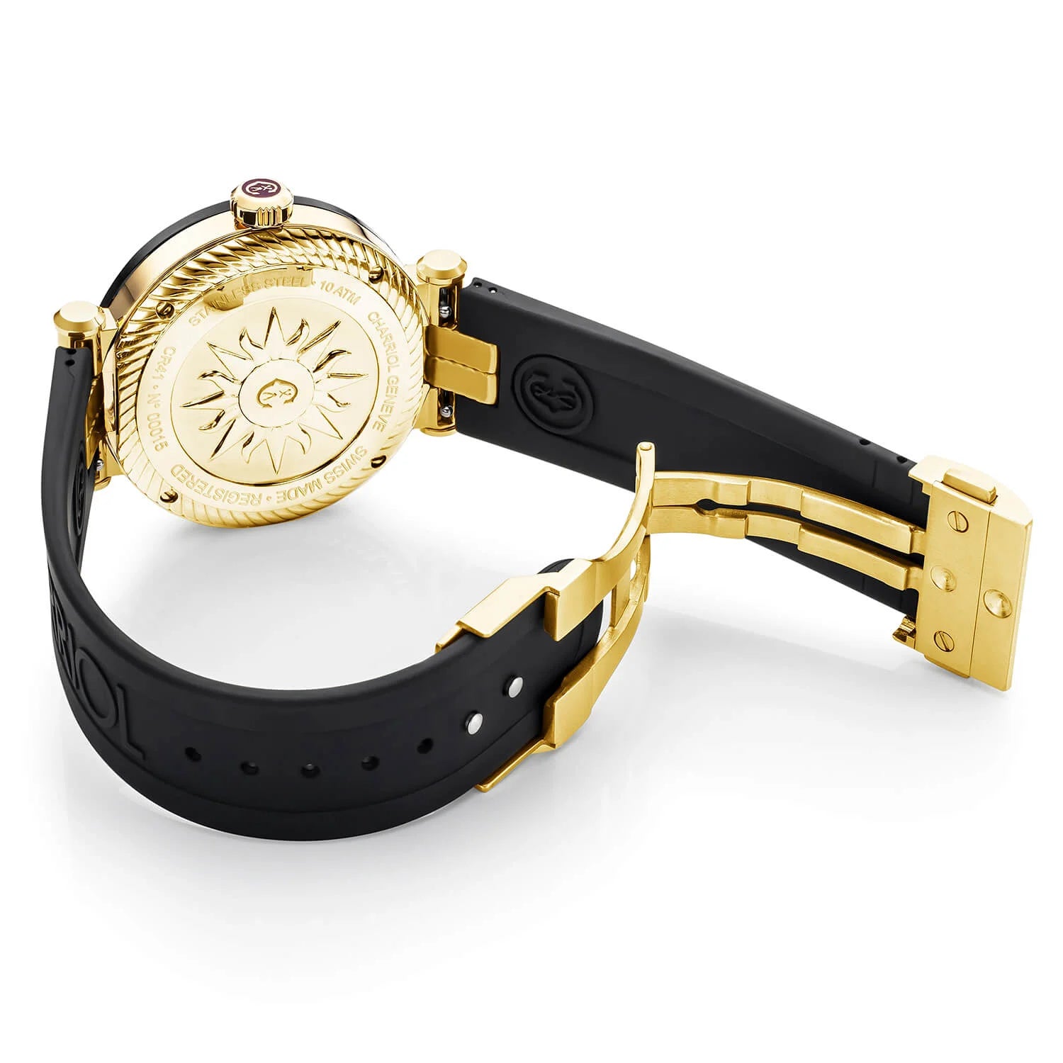 NAVIGATOR CRUISE, 41MM, QUARTZ CALIBRE, BLACK WITH YELLOW 2 ARABIC AND 9 INDEX DIAL, STEEL BLACK PVD "CHARRIOL CHARRIOL" WITH 2 SCREWS BEZEL, BLACK RUBBER INTERCHANGEABLE BRACELET - © 2024 Charriol - Watch