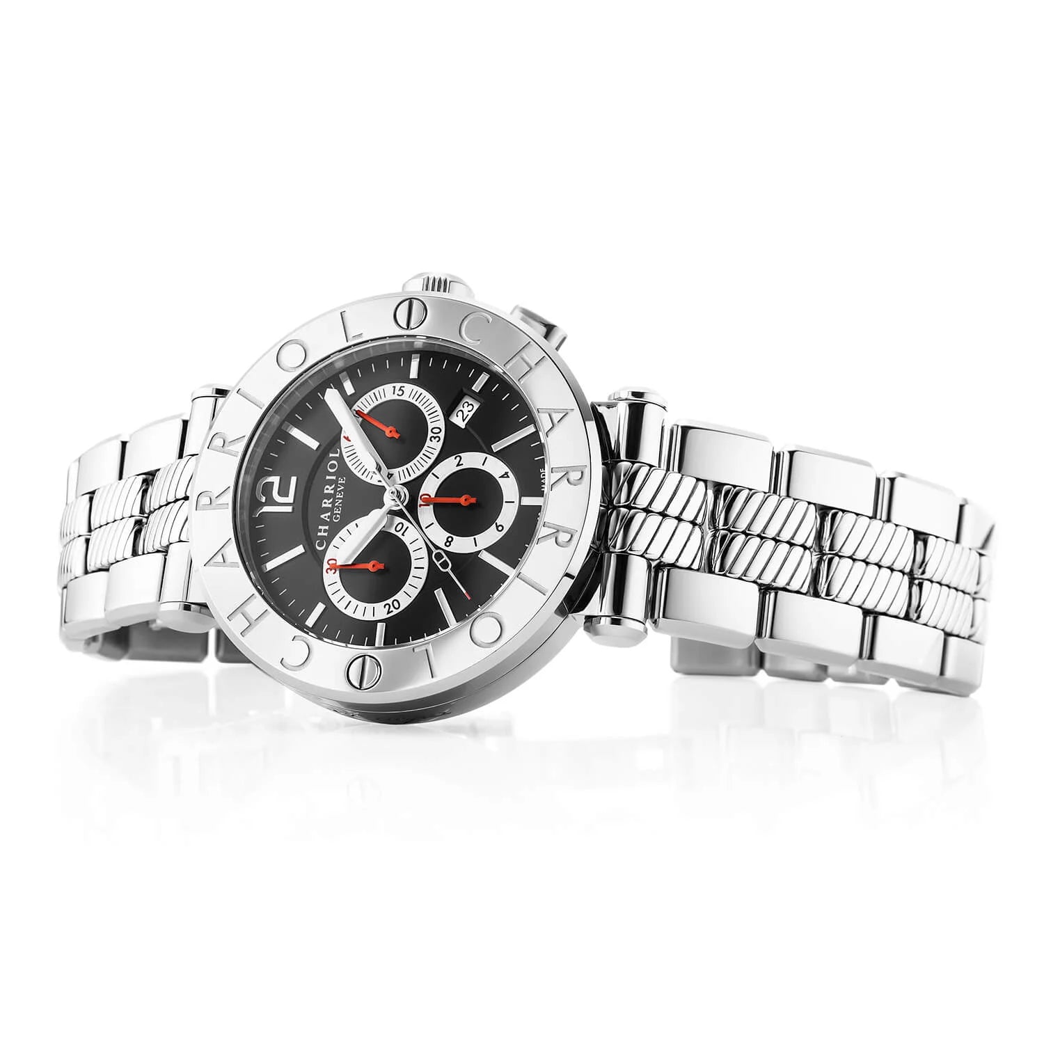 NAVIGATOR CRUISE, 41MM, QUARTZ CHRONOGRAPH CALIBRE, BLACK WITH 3 RHODIUM MIRRORS & INDEX DIAL, STEEL "CHARRIOL CHARRIOL" WITH 2 SCREWS BEZEL, METAL INTERCHANGEABLE BRACELET - © 2024 Charriol - Watch