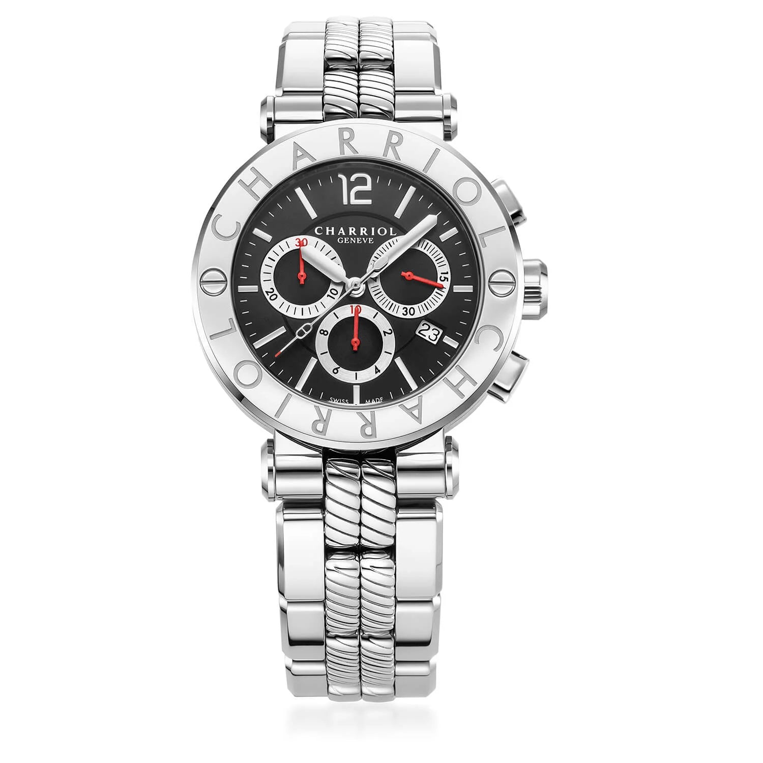 NAVIGATOR CRUISE, 41MM, QUARTZ CHRONOGRAPH CALIBRE, BLACK WITH 3 RHODIUM MIRRORS & INDEX DIAL, STEEL "CHARRIOL CHARRIOL" WITH 2 SCREWS BEZEL, METAL INTERCHANGEABLE BRACELET - © 2024 Charriol - Watch