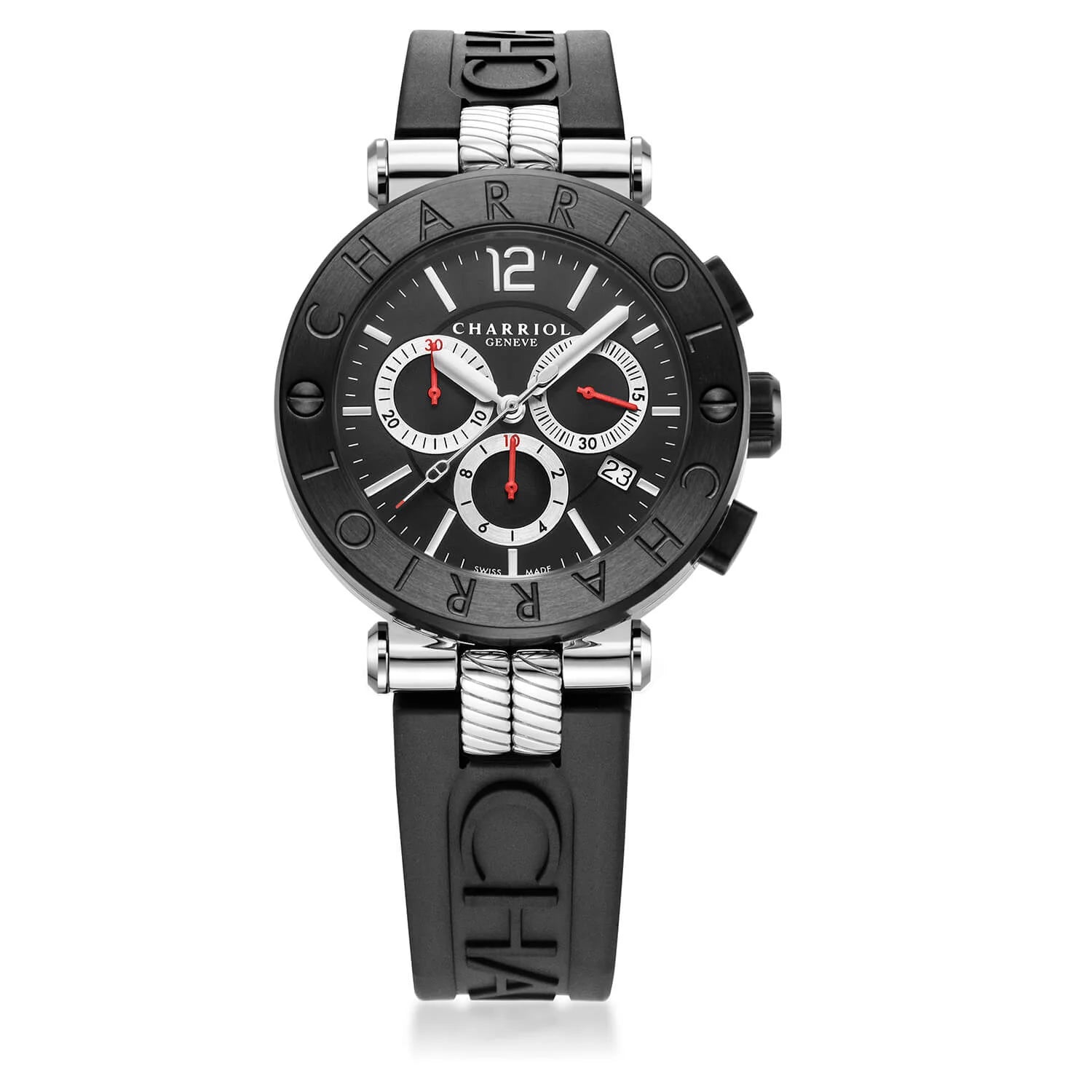 NAVIGATOR CRUISE, 41MM, QUARTZ CHRONOGRAPH CALIBRE, BLACK WITH RED CROSSES DIAL, STEEL BLACK PVD "CHARRIOL CHARRIOL" BEZEL, BLACK RUBBER INTERCHANGEABLE STRAP BRACELET - © 2024 Charriol - Watch
