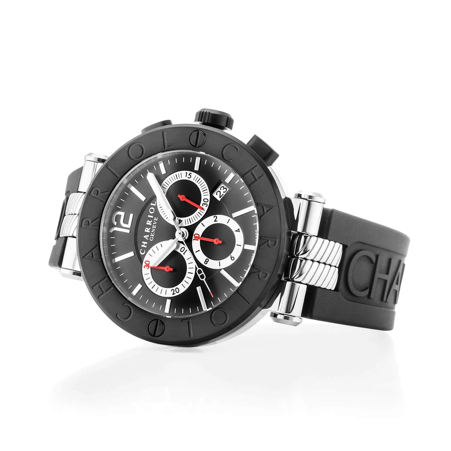NAVIGATOR CRUISE, 41MM, QUARTZ CHRONOGRAPH CALIBRE, BLACK WITH RED CROSSES DIAL, STEEL BLACK PVD "CHARRIOL CHARRIOL" BEZEL, BLACK RUBBER INTERCHANGEABLE STRAP BRACELET - © 2024 Charriol - Watch