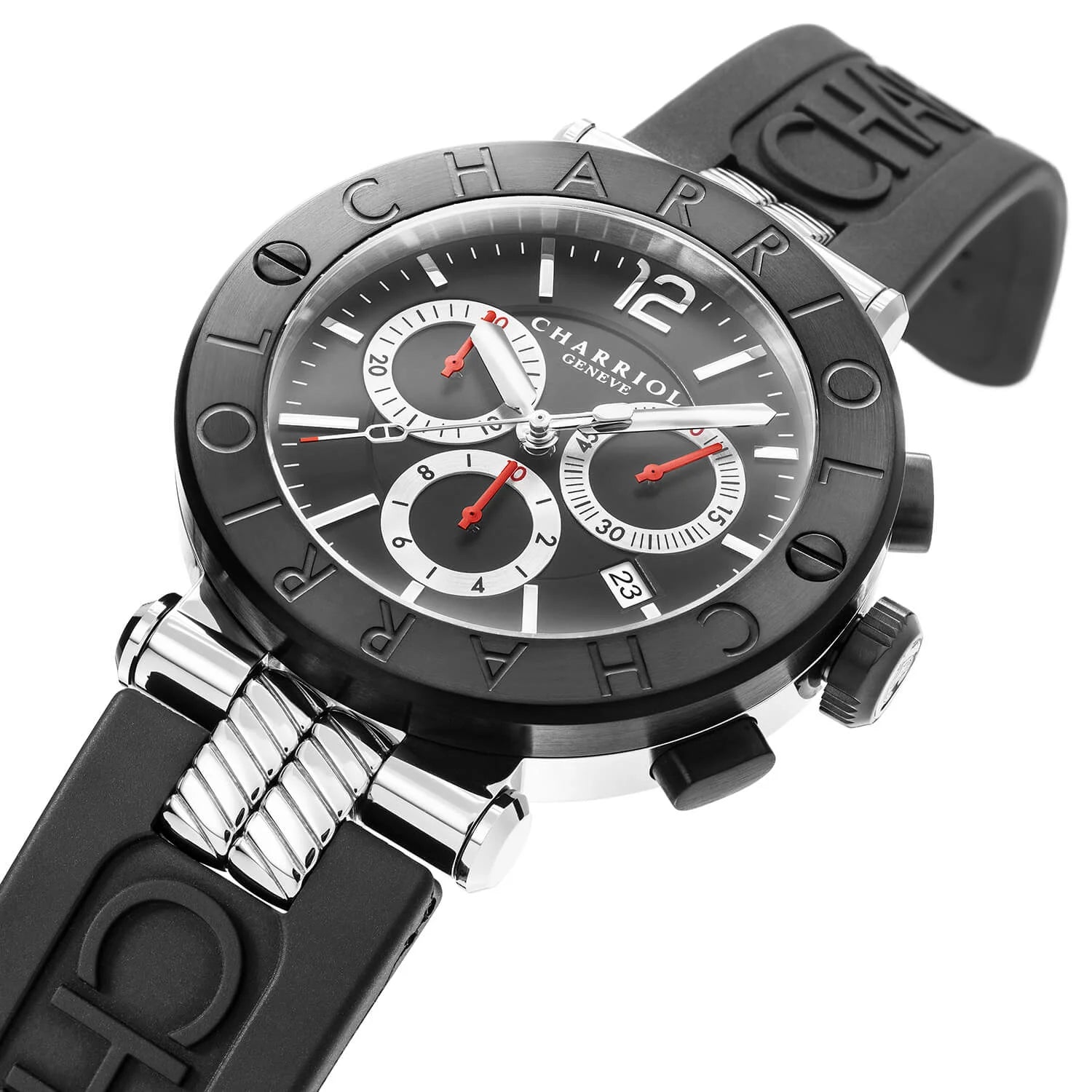 NAVIGATOR CRUISE, 41MM, QUARTZ CHRONOGRAPH CALIBRE, BLACK WITH RED CROSSES DIAL, STEEL BLACK PVD "CHARRIOL CHARRIOL" BEZEL, BLACK RUBBER INTERCHANGEABLE STRAP BRACELET - © 2024 Charriol - Watch