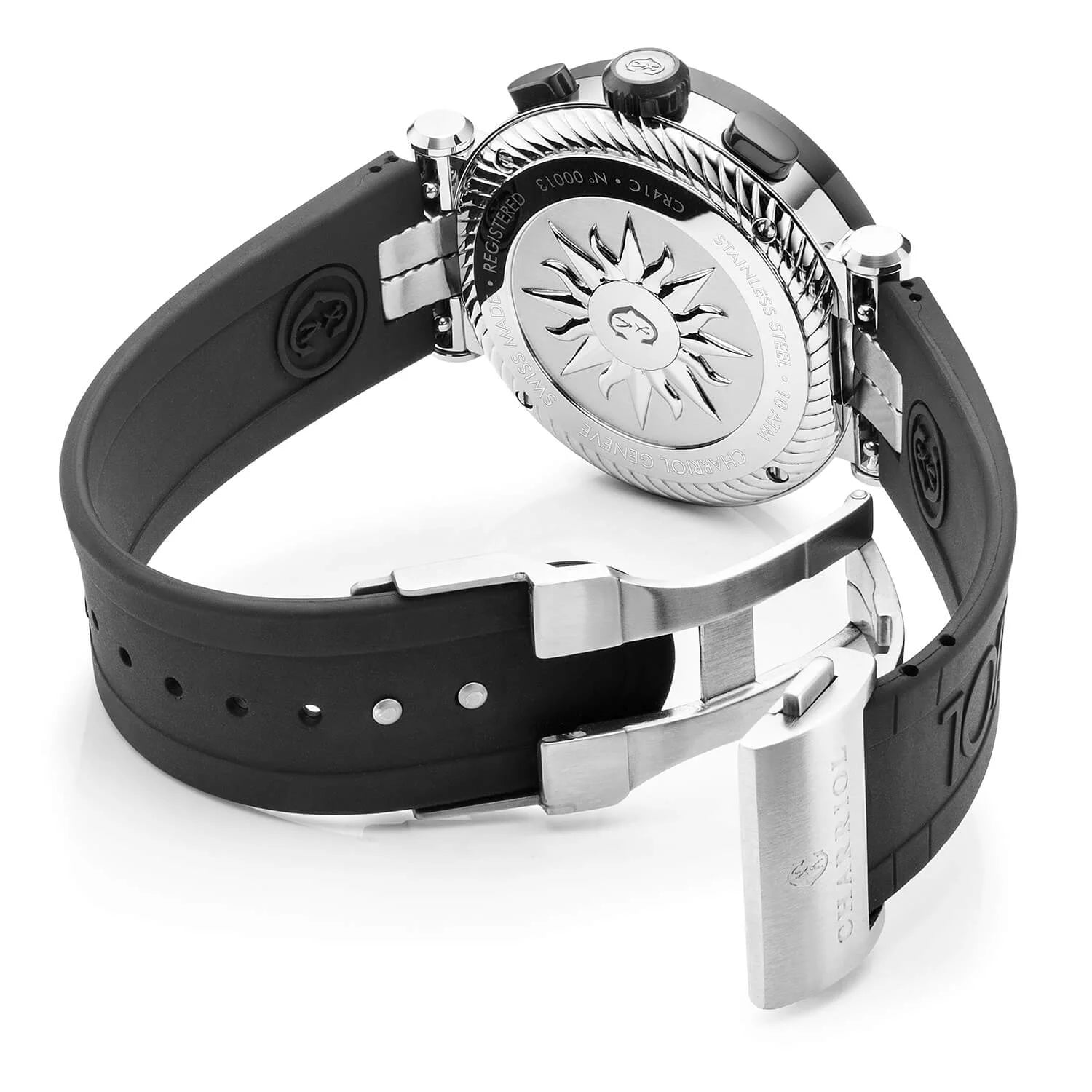 NAVIGATOR CRUISE, 41MM, QUARTZ CHRONOGRAPH CALIBRE, BLACK WITH RED CROSSES DIAL, STEEL BLACK PVD "CHARRIOL CHARRIOL" BEZEL, BLACK RUBBER INTERCHANGEABLE STRAP BRACELET - © 2024 Charriol - Watch