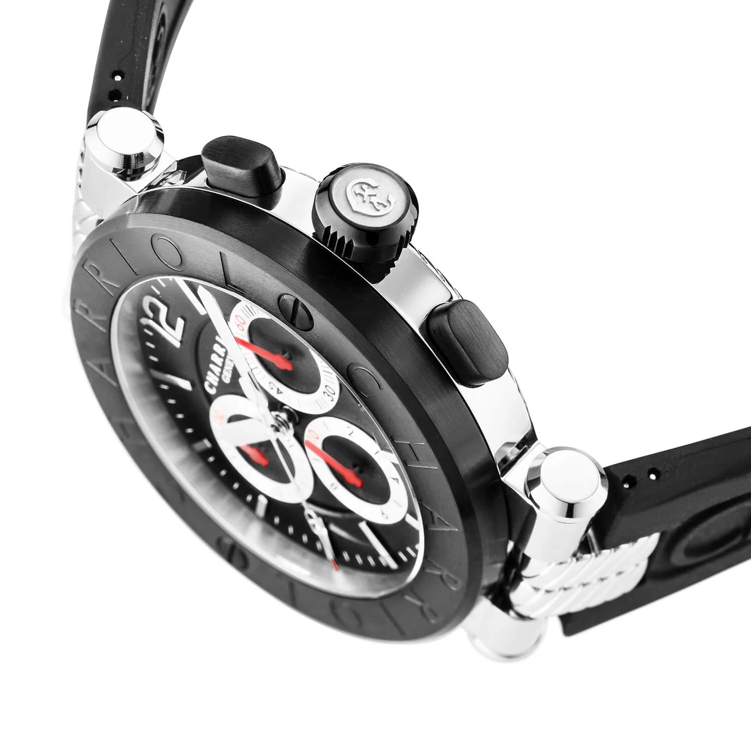 NAVIGATOR CRUISE, 41MM, QUARTZ CHRONOGRAPH CALIBRE, BLACK WITH RED CROSSES DIAL, STEEL BLACK PVD "CHARRIOL CHARRIOL" BEZEL, BLACK RUBBER INTERCHANGEABLE STRAP BRACELET - © 2024 Charriol - Watch