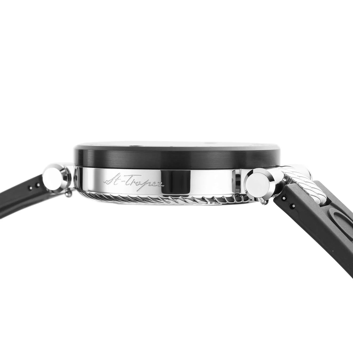 NAVIGATOR CRUISE, 41MM, QUARTZ CHRONOGRAPH CALIBRE, BLACK WITH RED CROSSES DIAL, STEEL BLACK PVD "CHARRIOL CHARRIOL" BEZEL, BLACK RUBBER INTERCHANGEABLE STRAP BRACELET - © 2024 Charriol - Watch