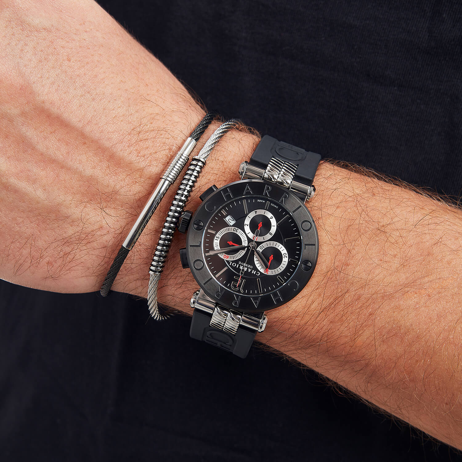 NAVIGATOR CRUISE, 41MM, QUARTZ CHRONOGRAPH CALIBRE, BLACK WITH RED CROSSES DIAL, STEEL BLACK PVD "CHARRIOL CHARRIOL" BEZEL, BLACK RUBBER INTERCHANGEABLE STRAP BRACELET - © 2024 Charriol - Watch