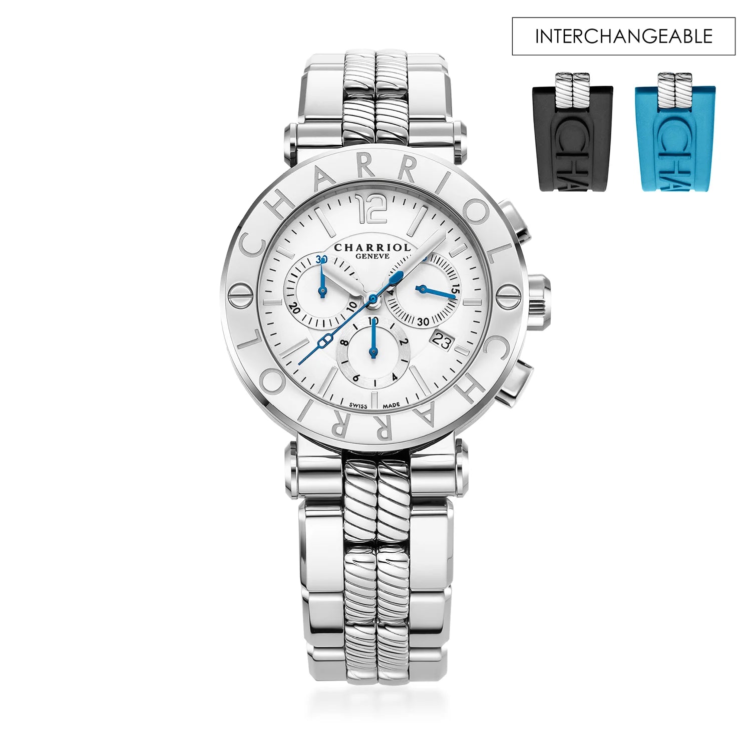 NAVIGATOR CRUISE, 41MM, QUARTZ CHRONOGRAPH CALIBRE, WHITE DIAL, "CHARRIOL CHARRIOL" BEZEL, STEEL INTERCHANGEABLE BRACELET - Charriol Geneve - Watch
