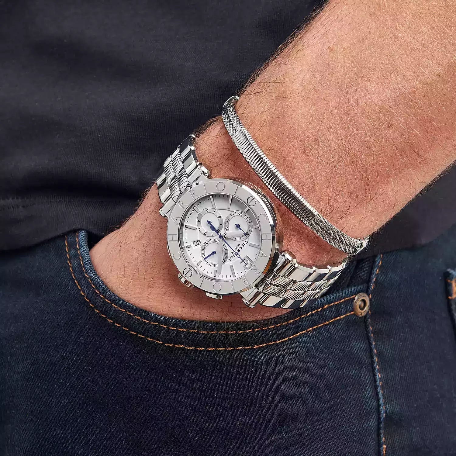 NAVIGATOR CRUISE, 41MM, QUARTZ CHRONOGRAPH CALIBRE, WHITE DIAL, "CHARRIOL CHARRIOL" BEZEL, STEEL INTERCHANGEABLE BRACELET - Charriol Geneve - Watch