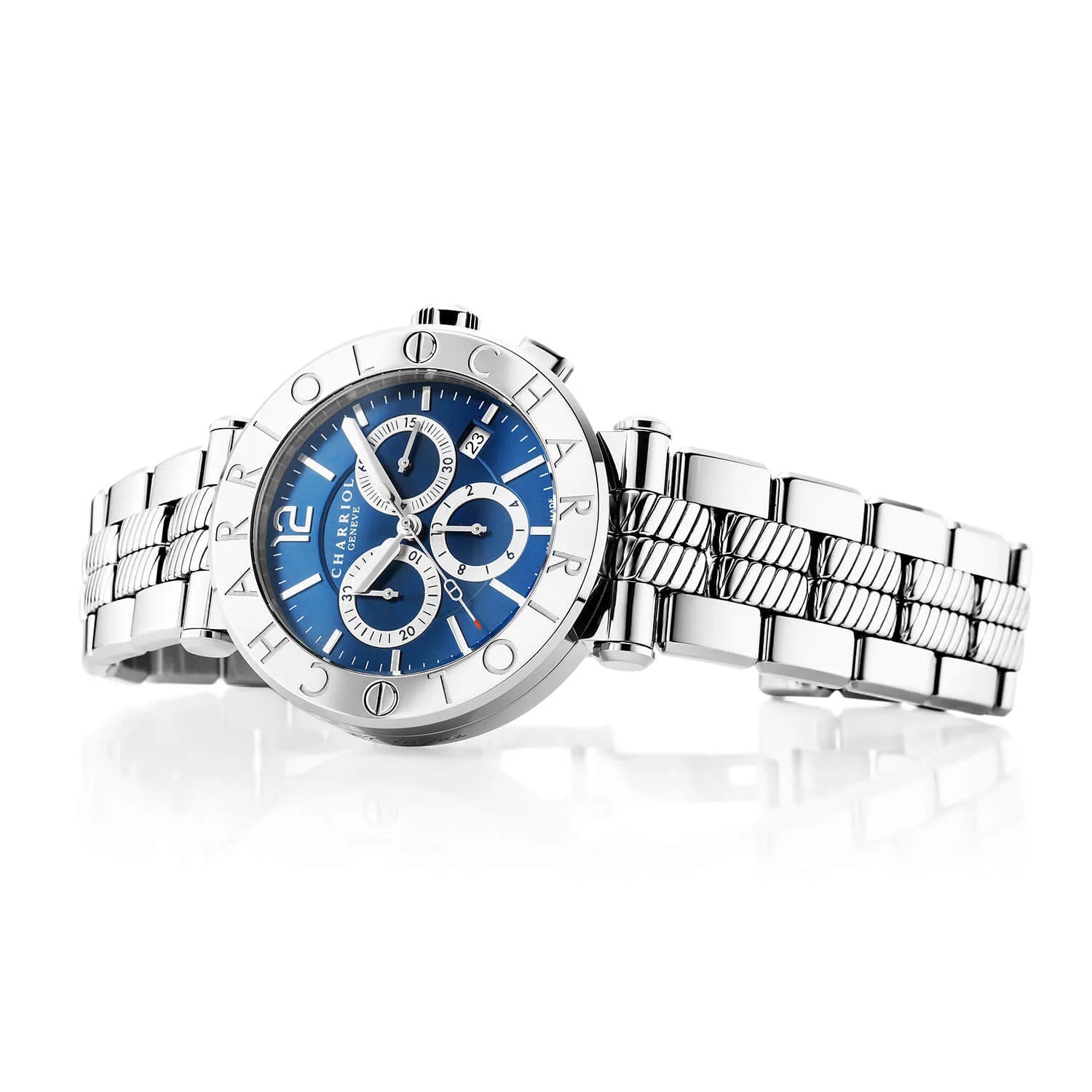 NAVIGATOR CRUISE, 41MM, QUARTZ CHRONOGRPH CALIBRE, BLUE WITH 3 RHODIUM MIRRORS & INDEX DIAL, STEEL "CHARRIOL CHARRIOL" WITH 2 SCREWS BEZEL, STEEL METAL INTERCHANGEABLE BRACELET - © 2024 Charriol - Watch